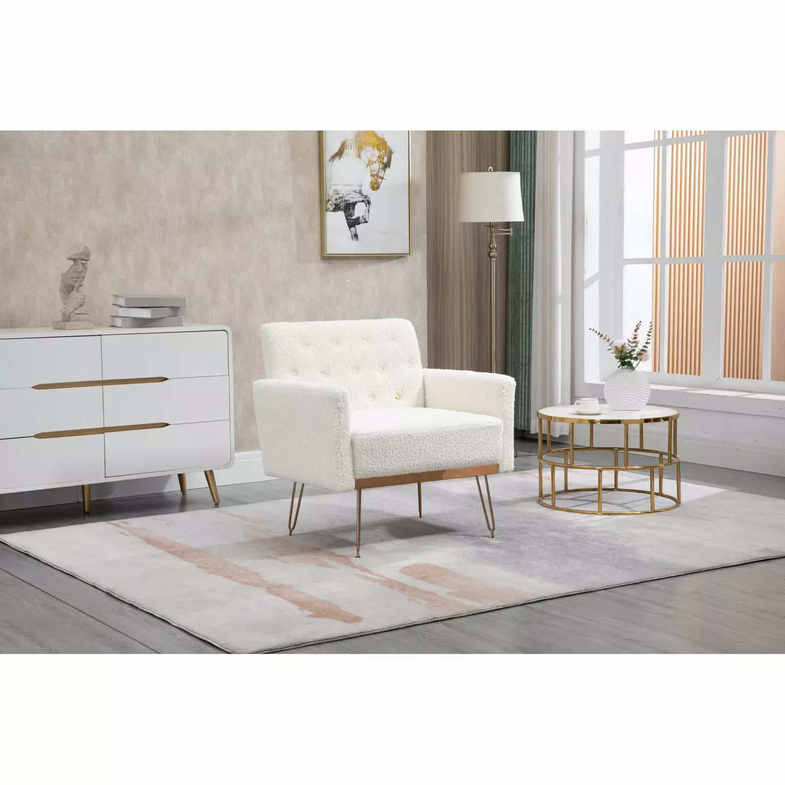 Accent Chair in White Teddy - Leisure Single Sofa. Rose Golden Iron Feet. Velvet Upholstery. Solid Plywood Frame. Stylish European Design. Suitable for Living Room. Bedroom. or Office