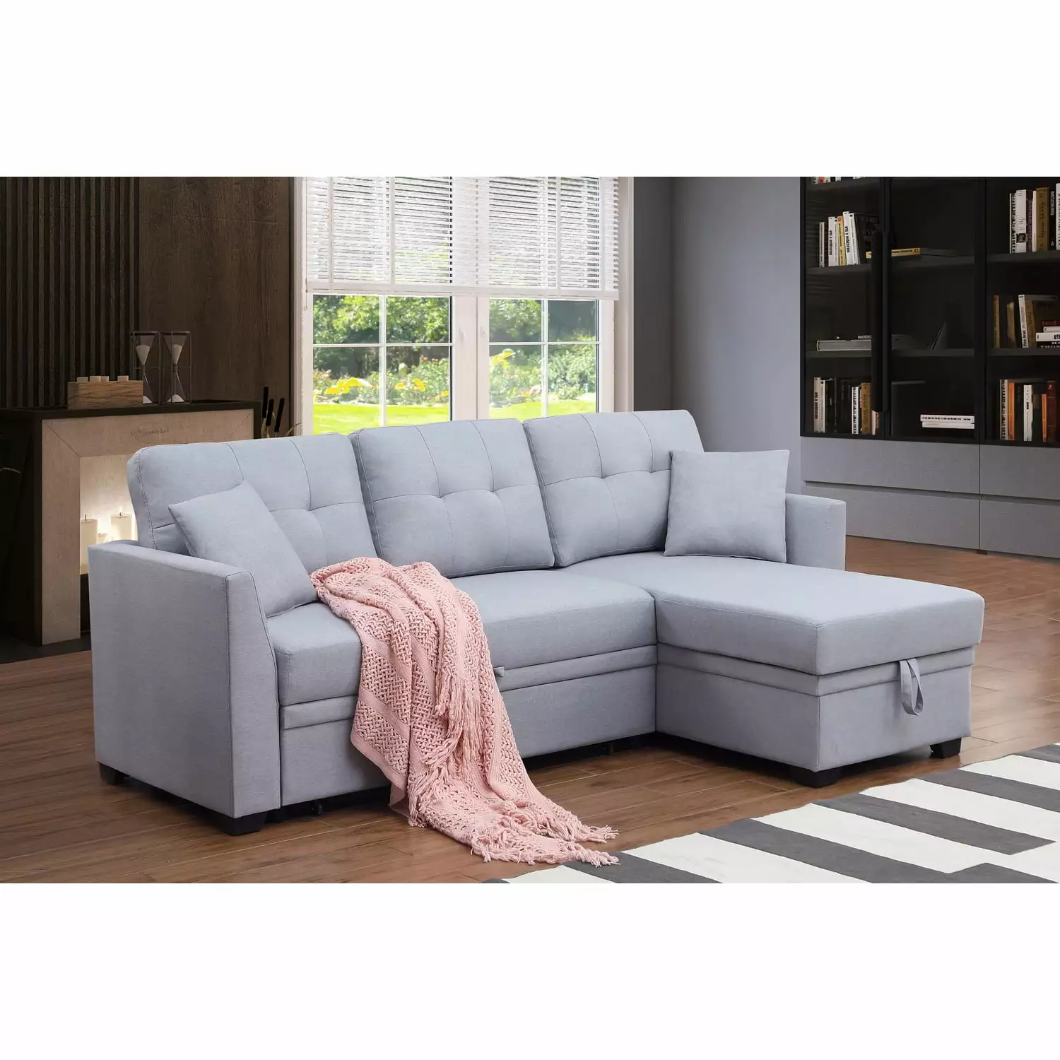 Alexent 3-Seat Modern Fabric Sleeper Sectional Sofa with Storage in Ash