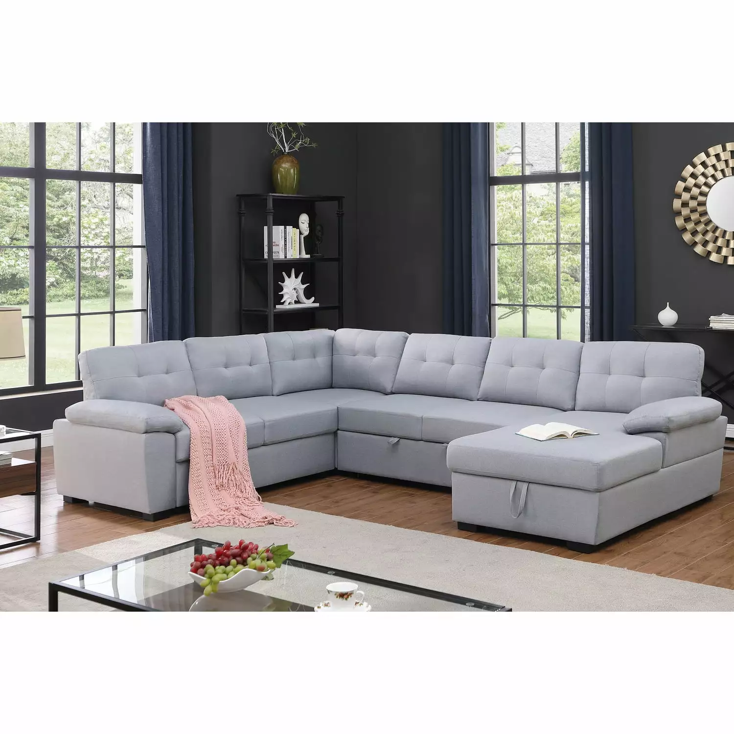 Alexent 5-Seat Modern Fabric Sleeper Sectional Sofa with Storage in Dark Gray