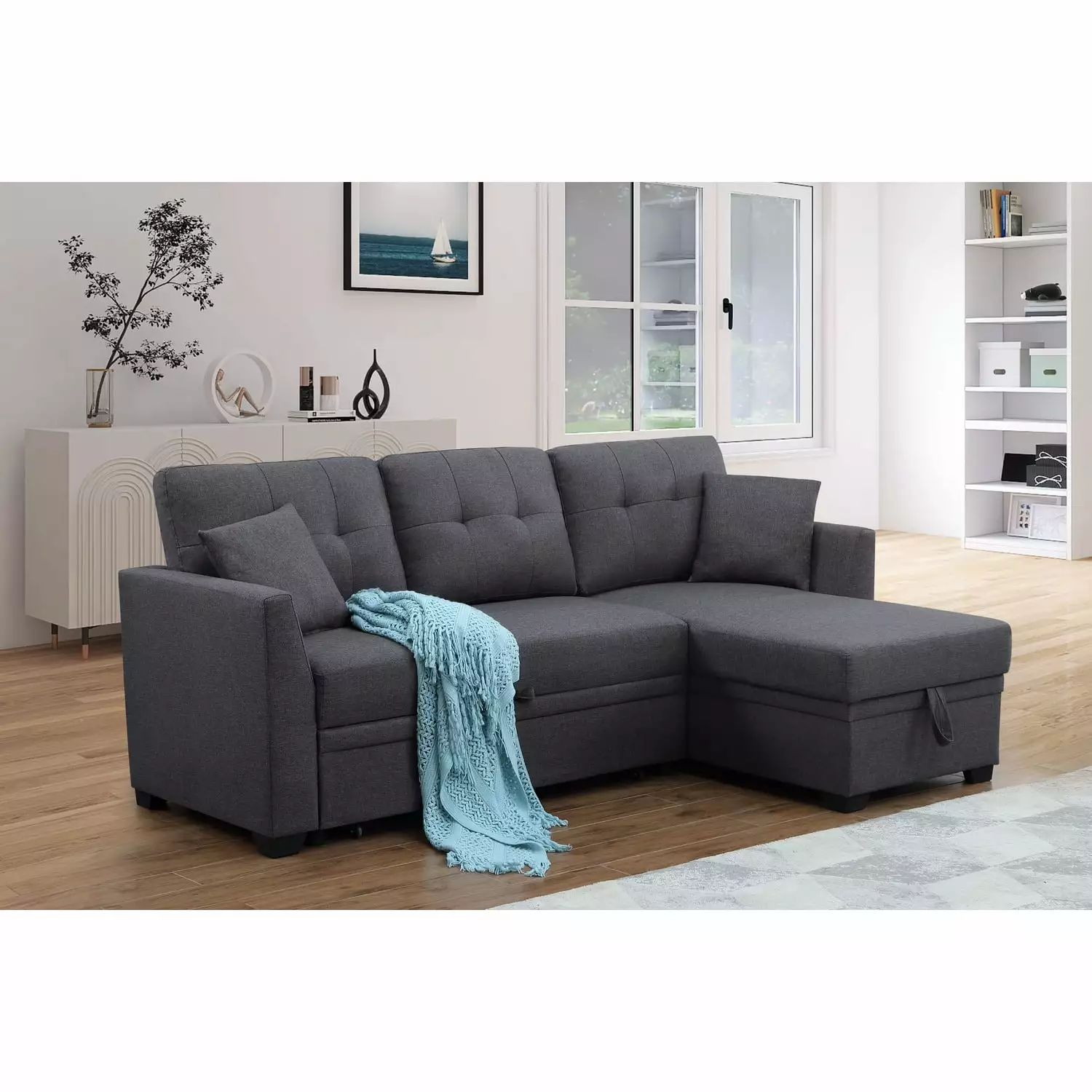 Alexent 81.5 in Dark Gray Sleeper Sofa with Chaise Storage and Pulling Out Bed