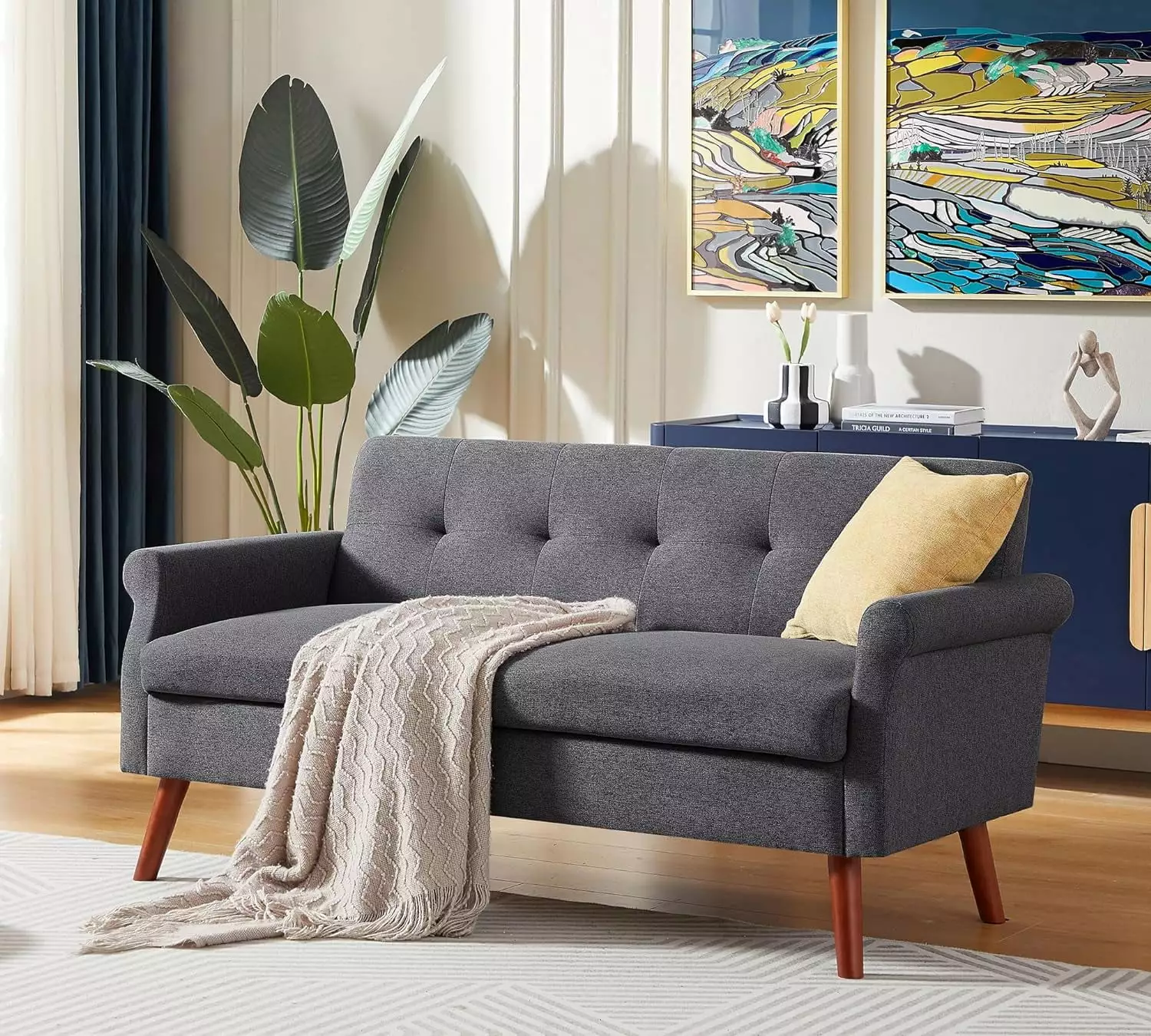 Anranni Loveseat Sofa 64 W .Modern Upholstered Fabric 2/3 Seat Sofa. Living Room Furniture. Gray