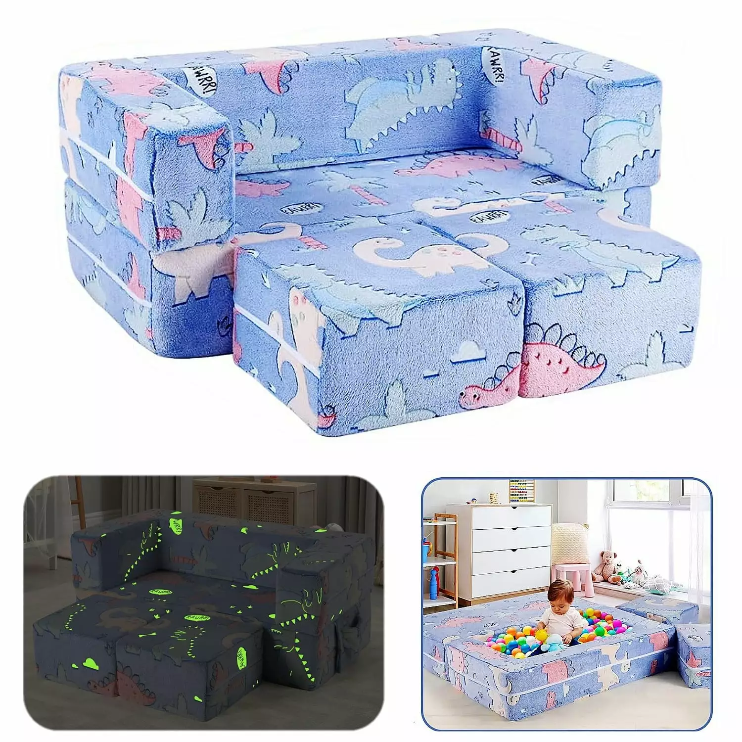 Arlopu Kids Couch Modular Toddler Sofa Baby Convertible Sofa Glow in Dark for Kids Girls Boys