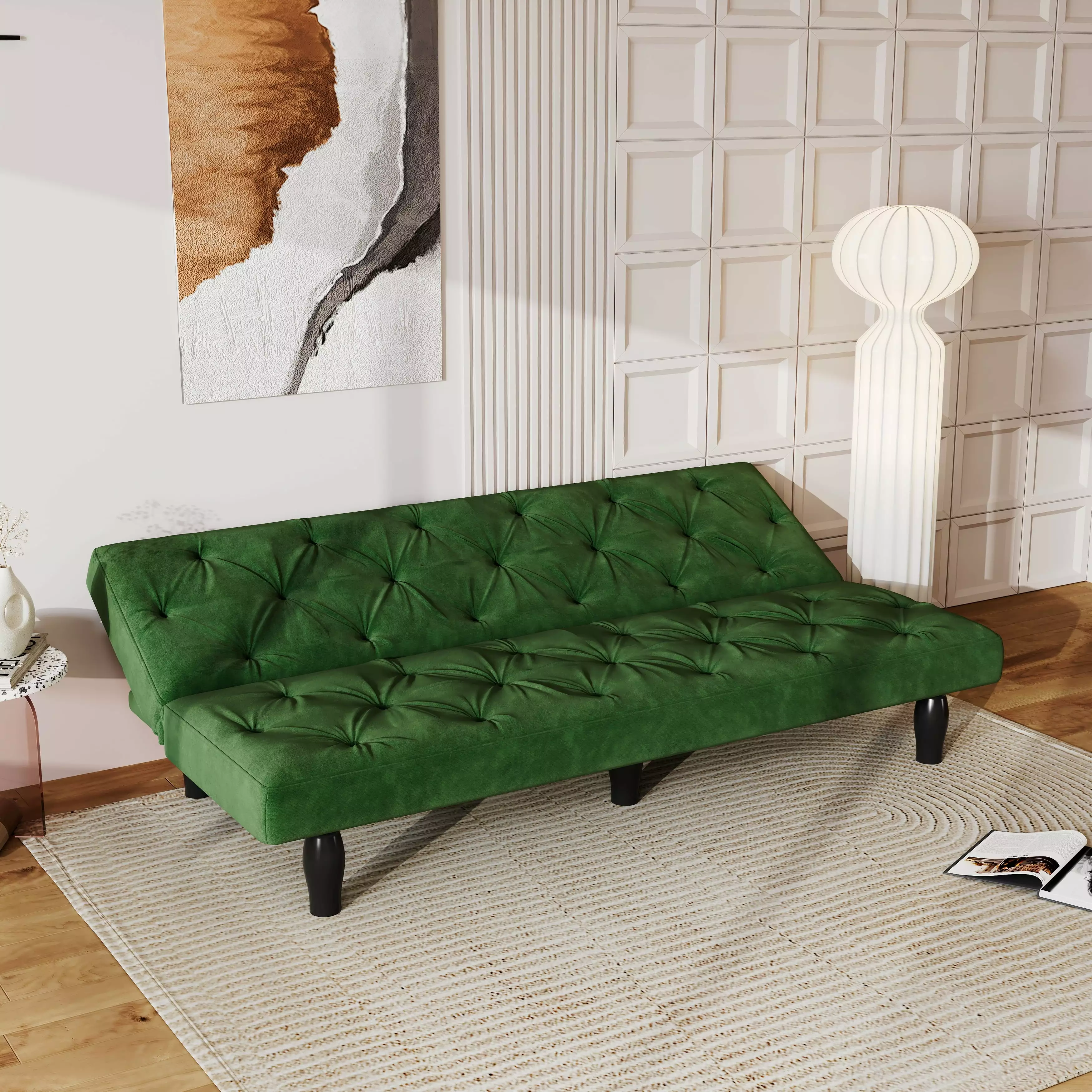 Armless Sleeper Loveseat Buttons Tufted Backrest Sofa Bed. Green