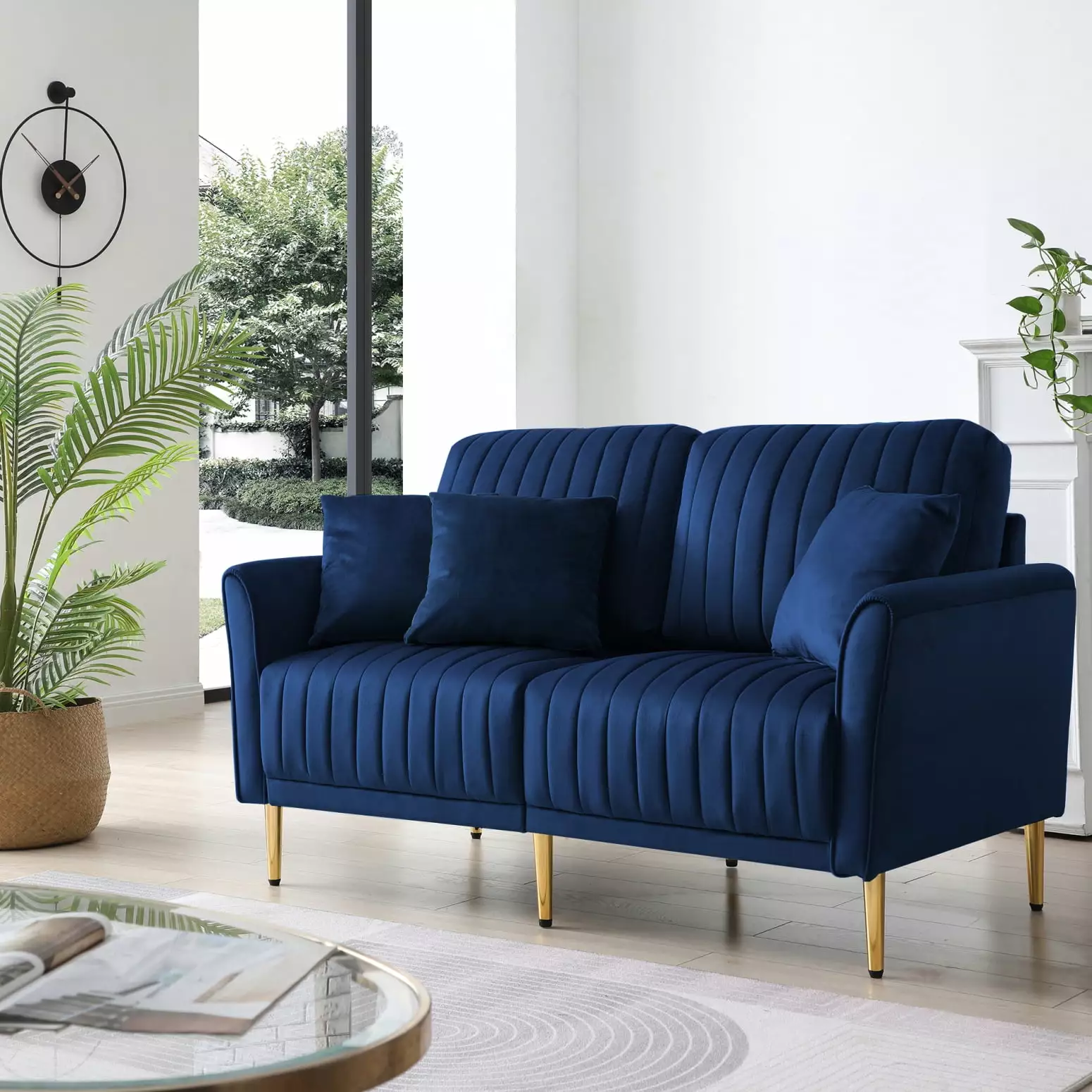 Art Deco-Inspired Navy Blue Velvet 2-Seat Sofa - Round Arms. Reversible Cushions. Tufted Details. Durable Metal Legs. Perfect for Elegant Living Spaces