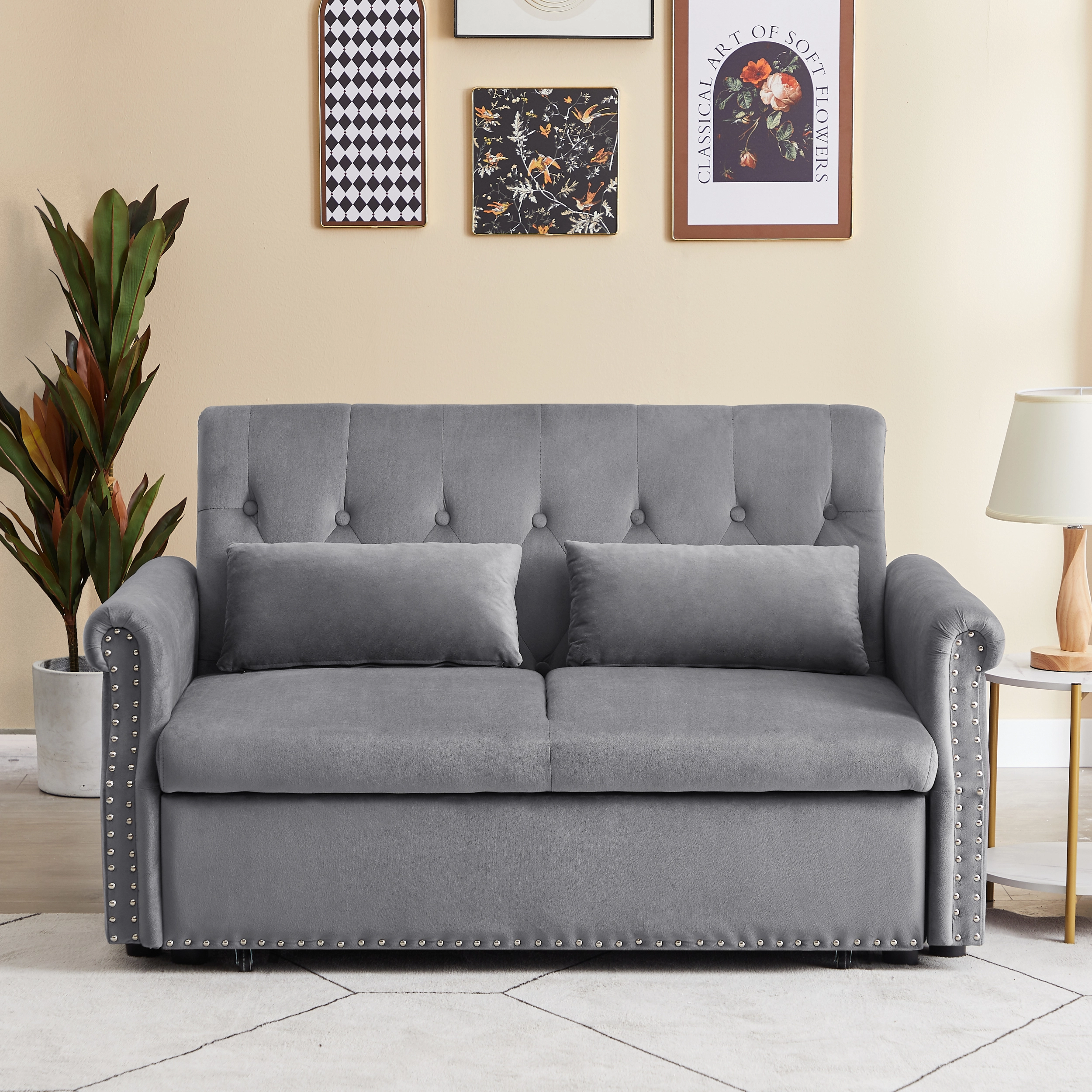 Artemax 55 Modern Shiny Velvet Convertible Loveseat Sleeper Sofa Couch w/ 2 Lumbar Pillows. Adjustable Pull-Out Bed and Removable Armrest for Nursery. Living Room. Apartment. Home Office 00736