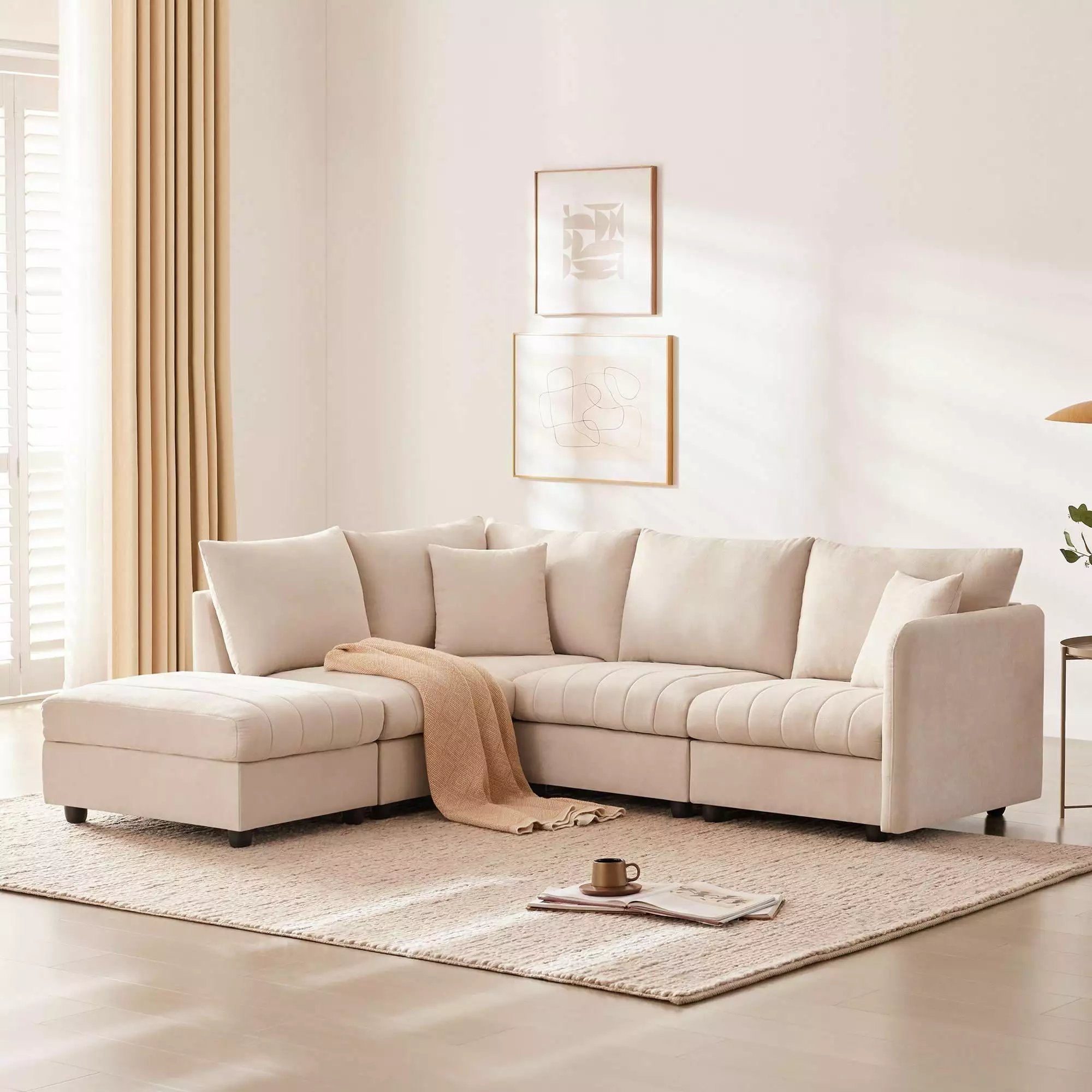 Atumon Sectional Couch with Convertible Ottoman. 5-Seat L-Shaped Corner Couch. Upholstered Sectional Couch. Modern Modular Couch with 2 Pillows. Sectional Couch Furniture for Living Room. Beige