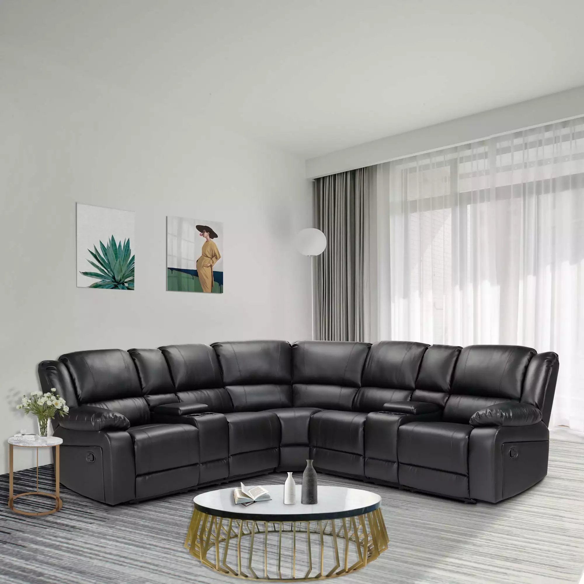 Aufka 5 Seater Sectional Sofa Couch.107 Reclining Sofa Chair for Living Room with Cup Holder.Black