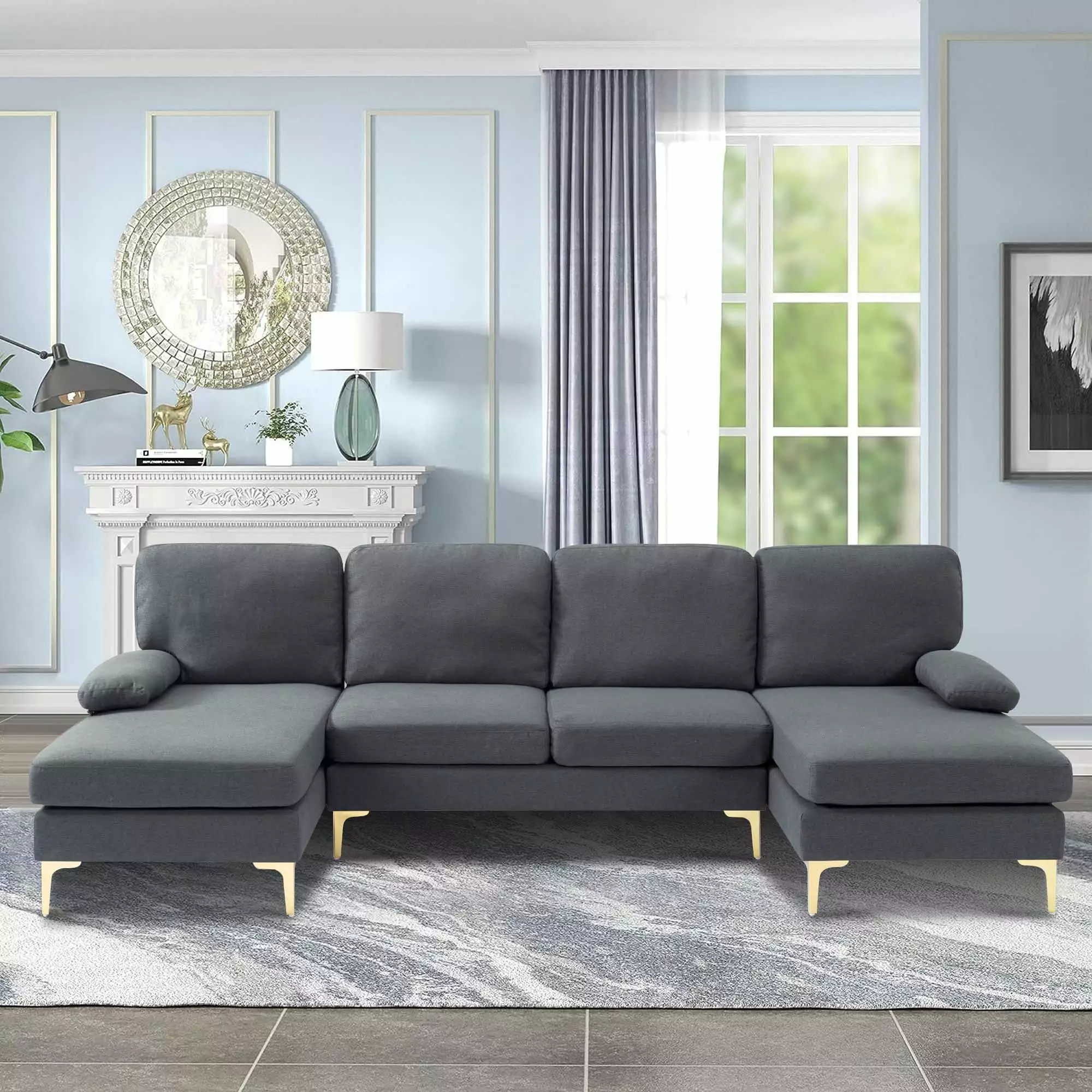 Aukfa 108 U-Shape Sectional Sofa for Living Room. Double Extra Wide Chaise Lounge Couch. Gray