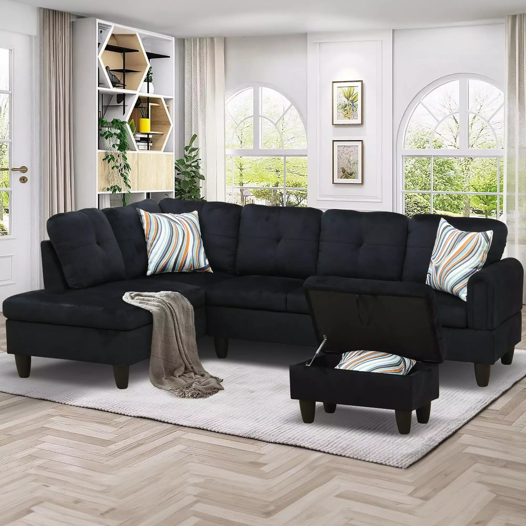 Aukfa 3 Piece Sectional Sofa with Storage Ottoman for Living Room. L Shape Couch. Left Hand. Black