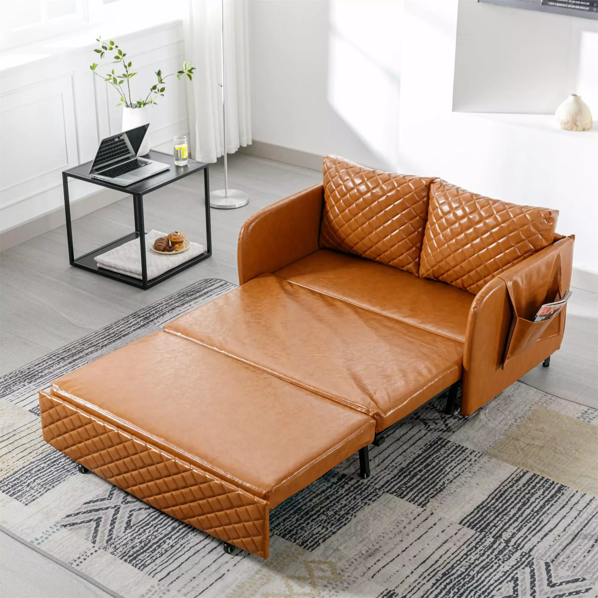 Aukfa Pull Out Sofa Bed. Convertible Sleeper Sofa Futon Sofa Bed for Home Office. Leather. Brown