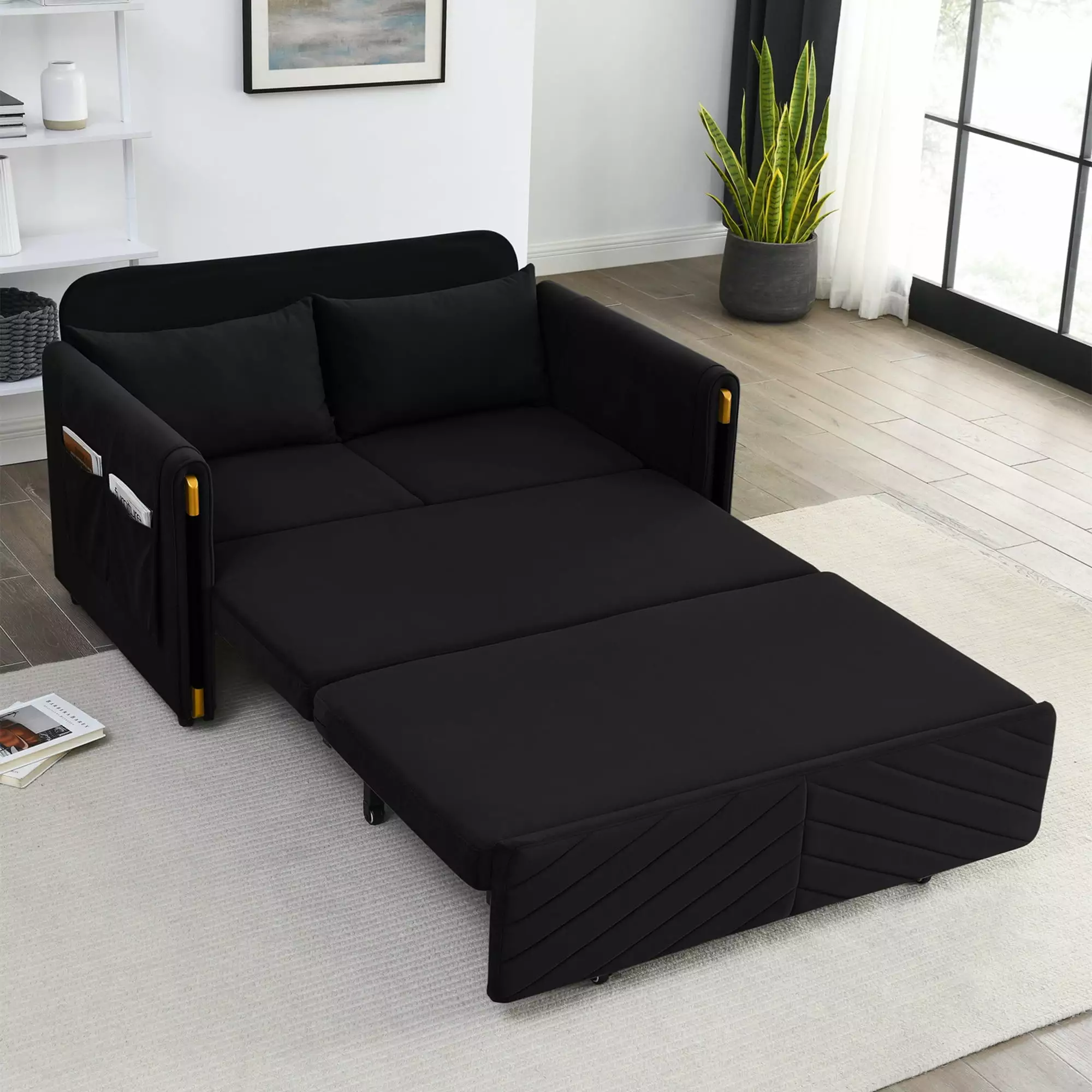 Aukfa Pull Out Sofa Bed. Modern Velvet Convertible Sleeper Sofa Futon Sofa for Home Office. Black