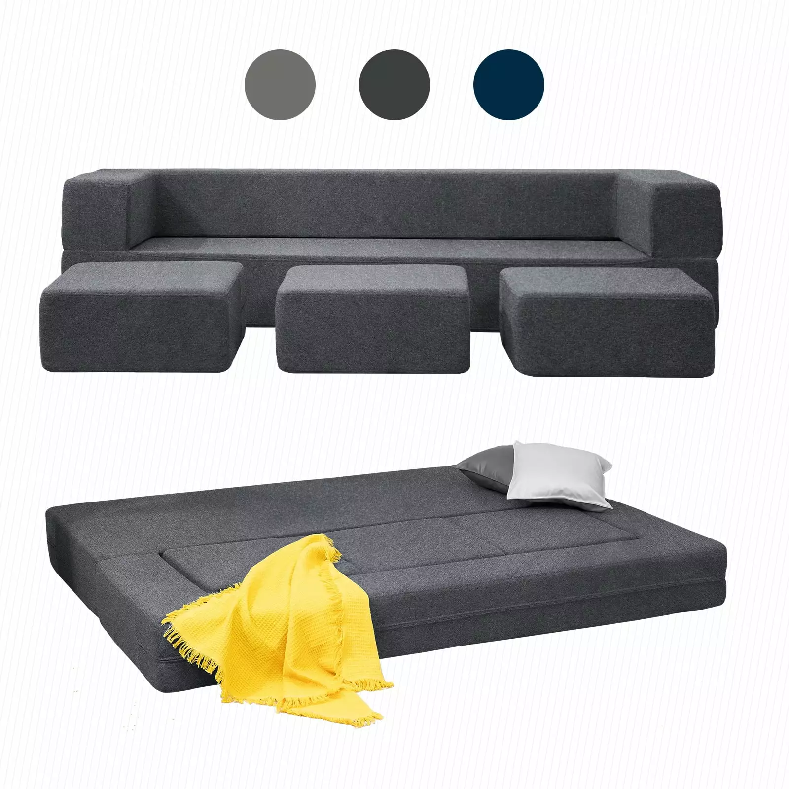 BALUS Convertible Futon Sofa Bed. Queen Size Loveseat Sleeper Sofa and Floor Couch for Small Rooms. Dark Grey