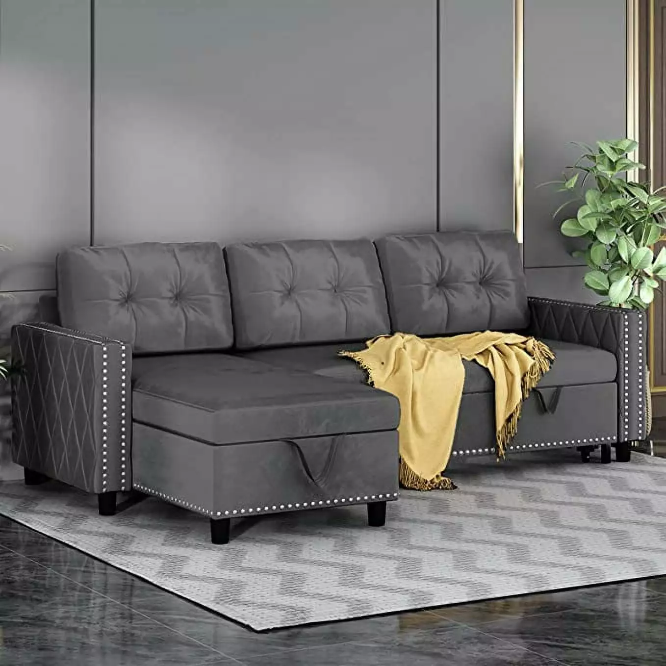 BALUS Reversible Sectional Sleeper Sofa with Storage Chaise. Velvet Upholstered L-Shape Sleeper Sectional Sofa Couch. Pull Out Sofa Bed Couch for Living Room. Office and Small Apartment (Dark Gray)