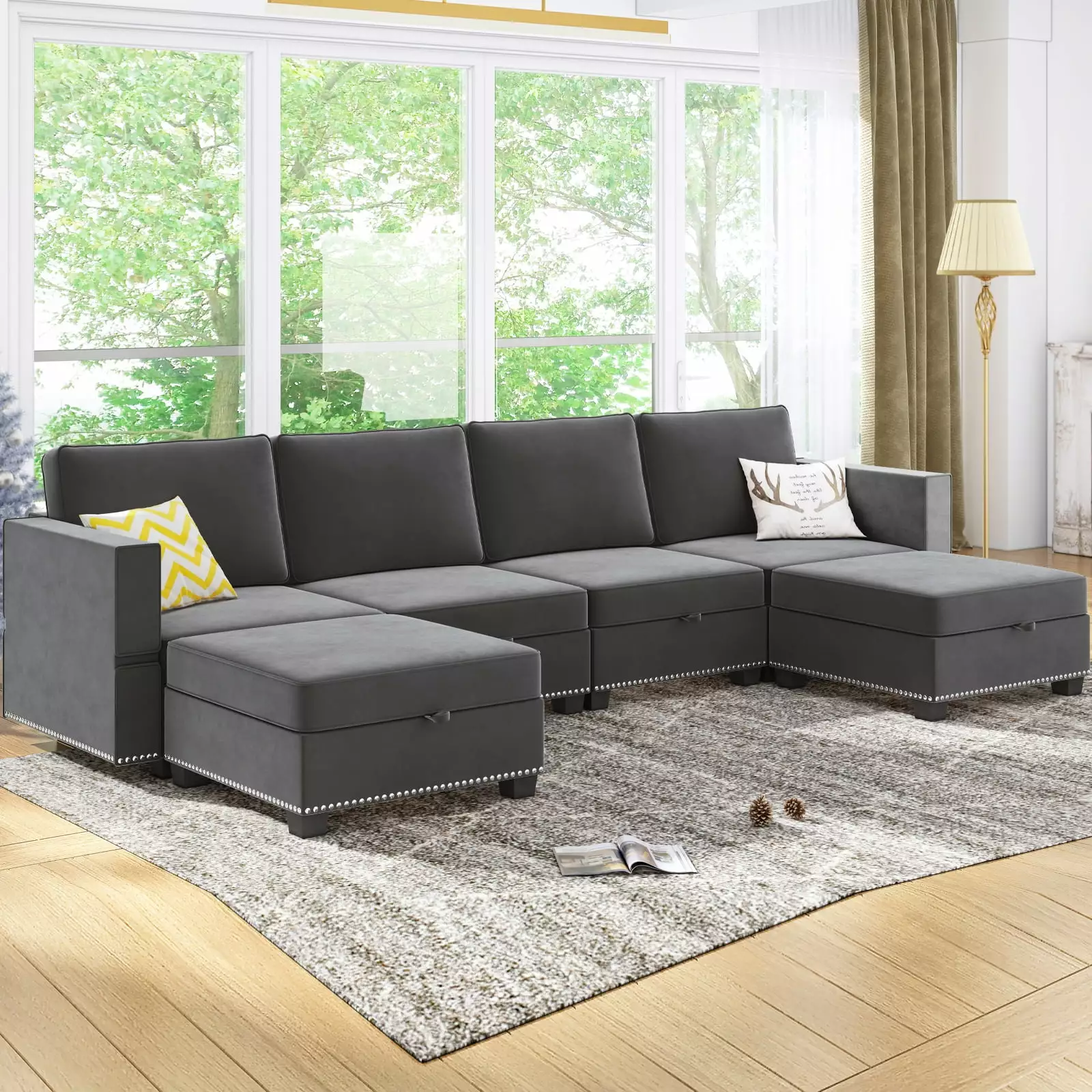 BALUS U Shaped Sectional Sofa. Convertible Modular Sectional Sofa with Storage Ottomans. 6 Seater Furniture Sets for Living Room (Dark Grey)