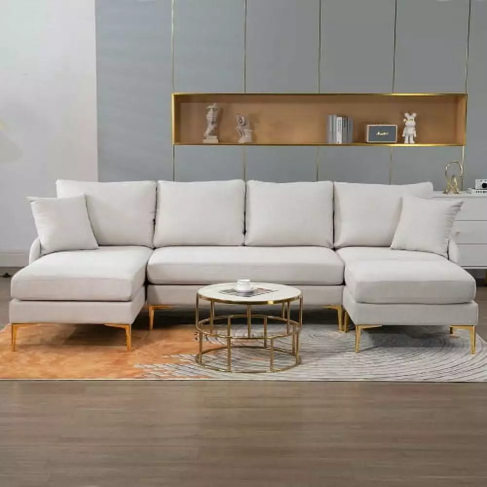 BSHTI 110'' Wide Reversible Left or Right Chaise of Sectional Sofa U-Shape Convertible Sofa Couch 4-Seat Couch with Chaise Lounge Upholstered for Living Room.Apartment.Office.Beige Polyester Blend