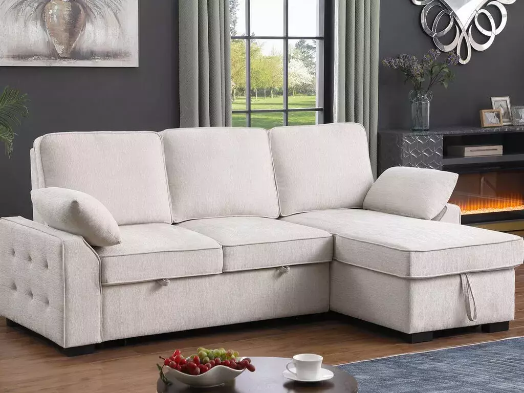 Beige Chenille Sleeper Sectional with Storage Chaise Console USB Ports Modern Living Room