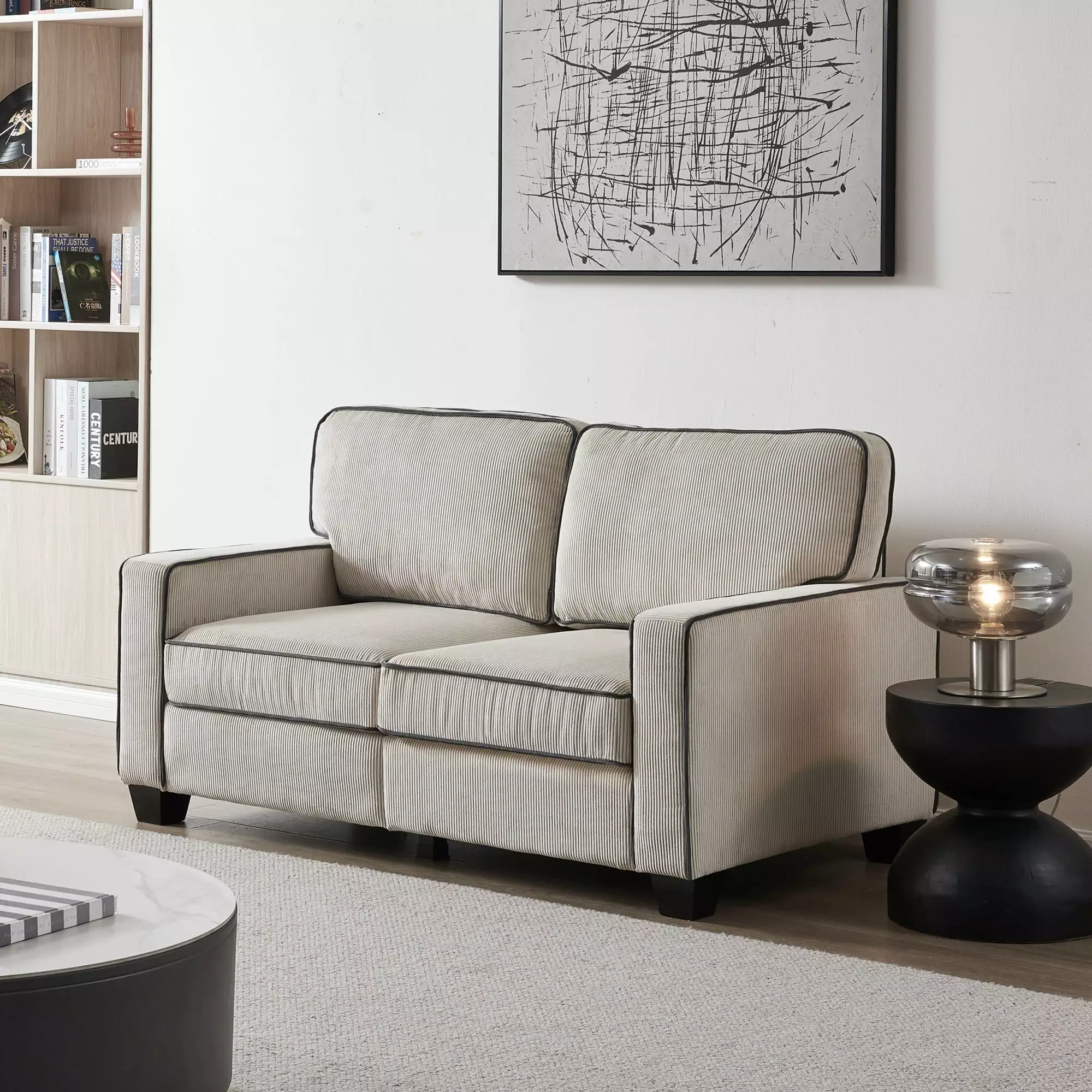 Beige Corduroy Loveseat Sofa for Living Room: Comfortable Seating with Convenient Storage Space