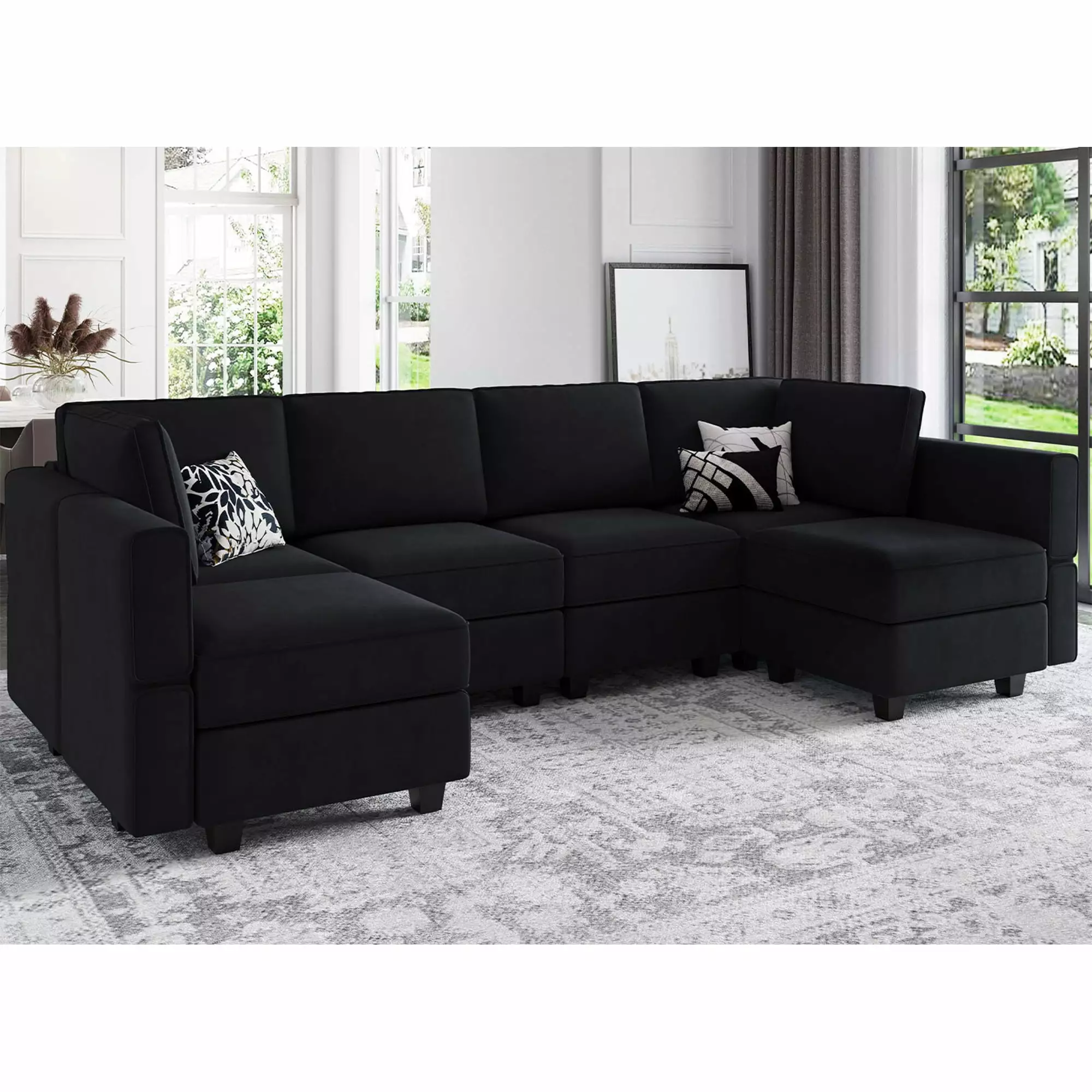 Belffin Modular Sectional Velvet U Shaped Sofa Couch with Storage 6 Seater Black