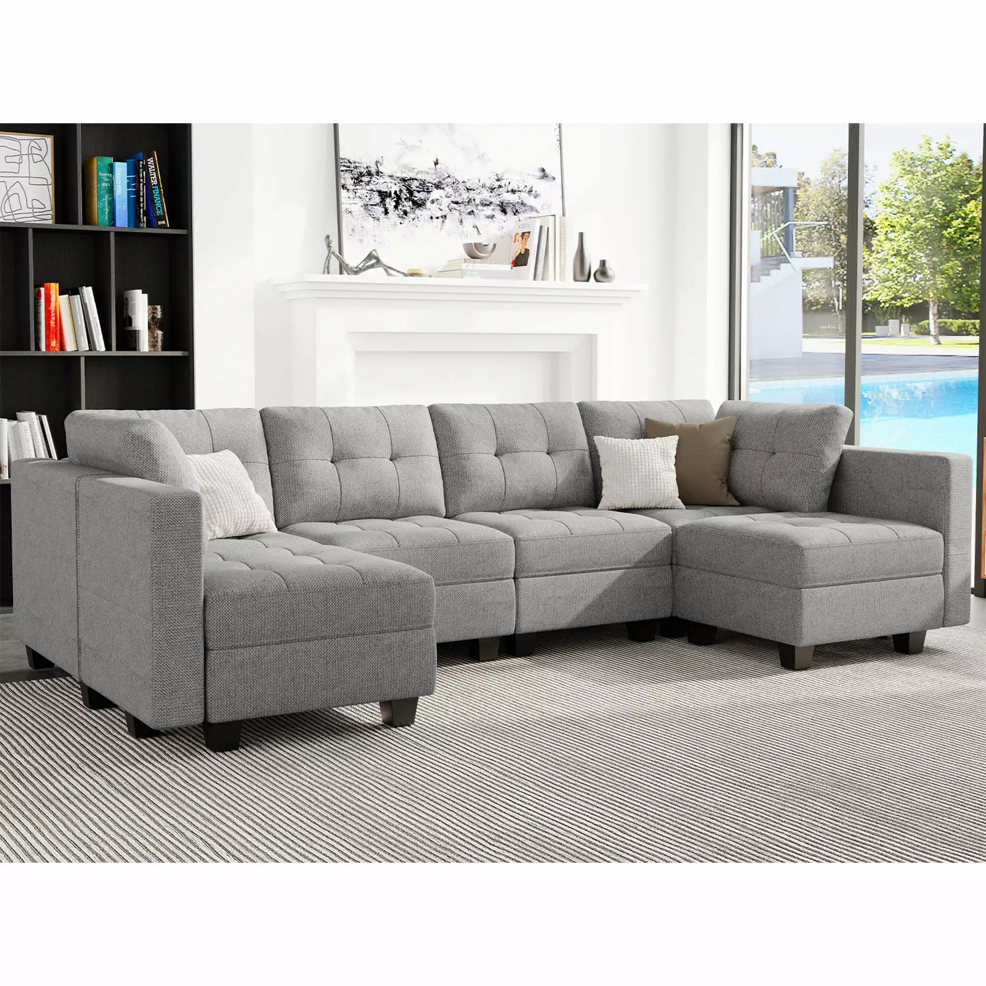 Belffin Stylish U Shaped Sectional Modular Sofa Couch with Storage Ottomans 6 Seat Light Grey