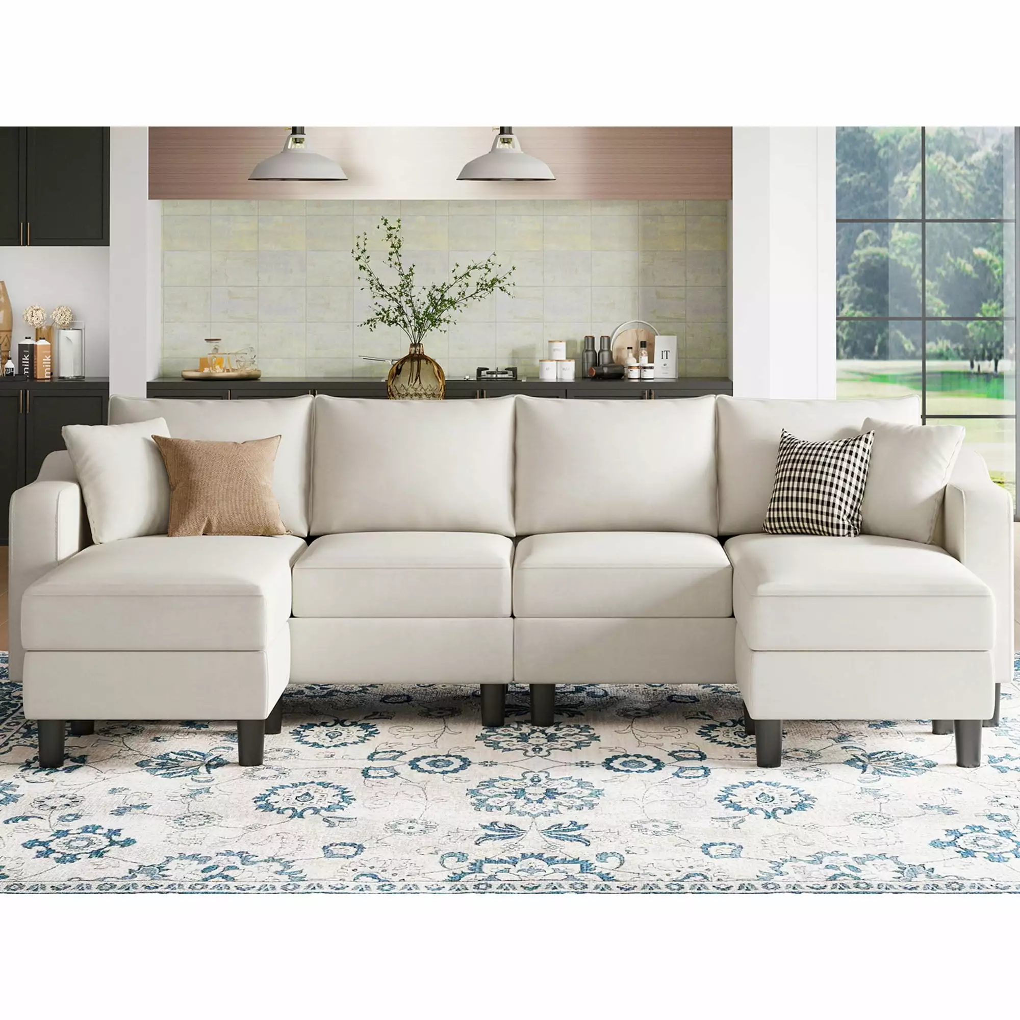 Belffin U Shaped Sectional Velvet Sofa with Reversible Chaises for Living Room 4 Seat Beige