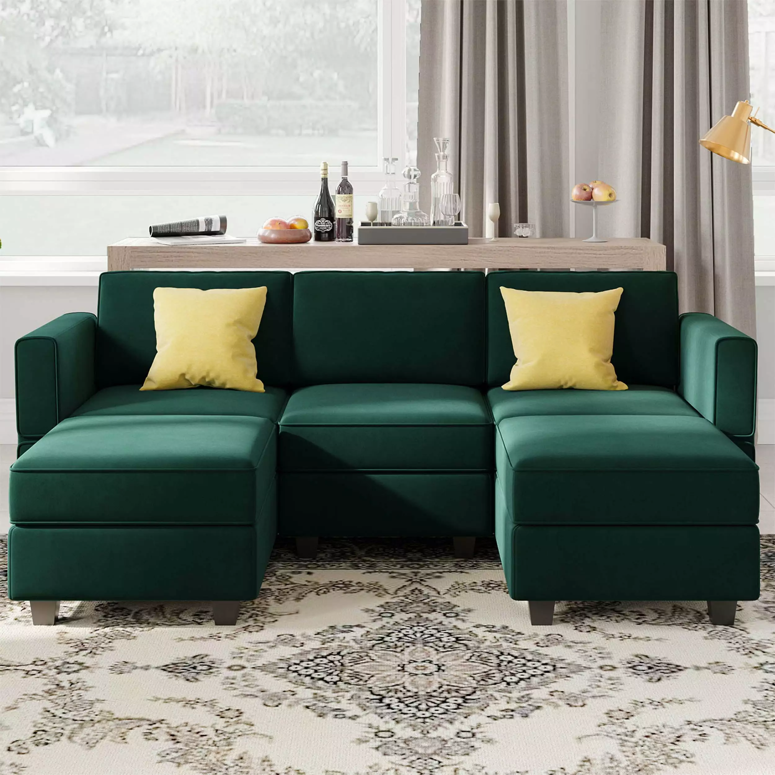 Belffin Velvet Modular Sectional U Shaped Sofa Double Chaise Couch with Storage 5 Seater Green