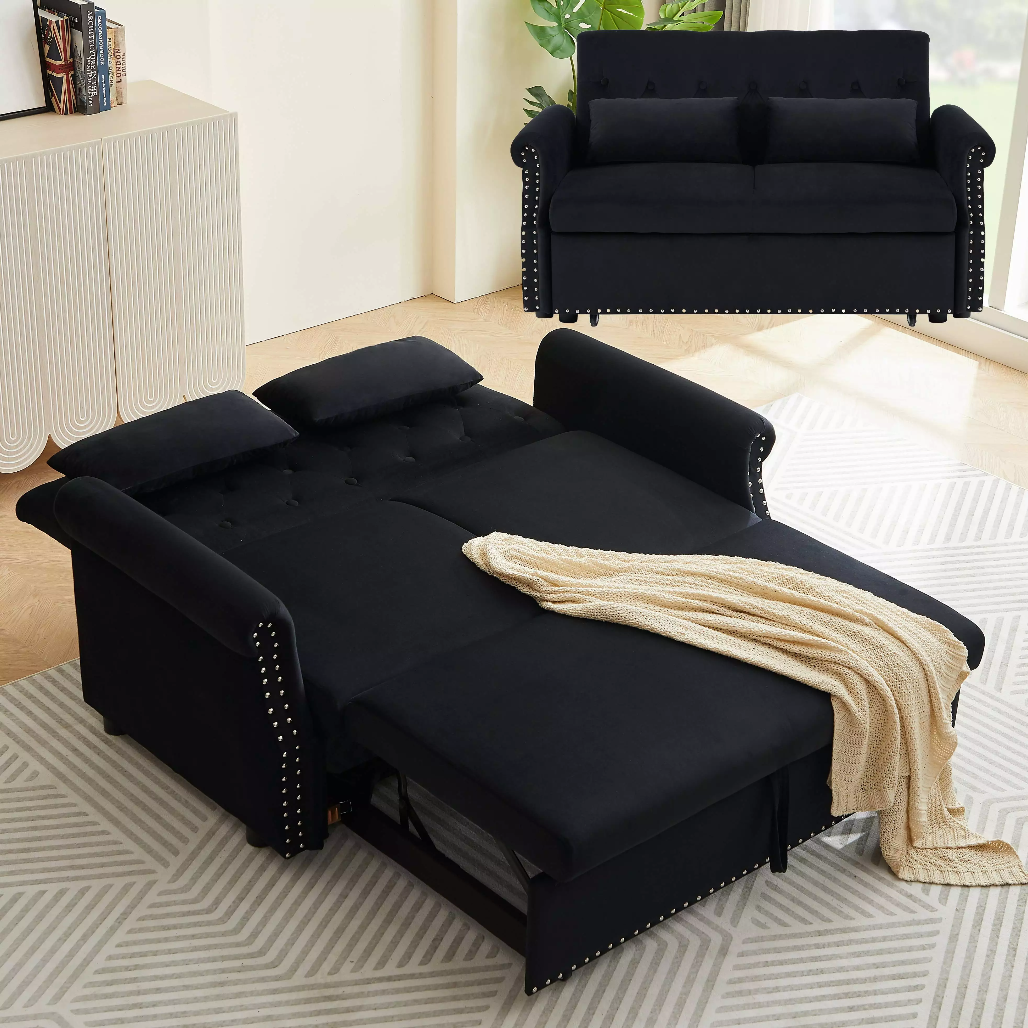 Bellemave 55 Pull Out Sleeper Sofa Bed. Sleeper Loveseats Sofa Couch with Adjustable Backrest. 2 Caster Wheels and 2 Lumbar Pillows for Living Room Bedroom Apartment Office (Black)