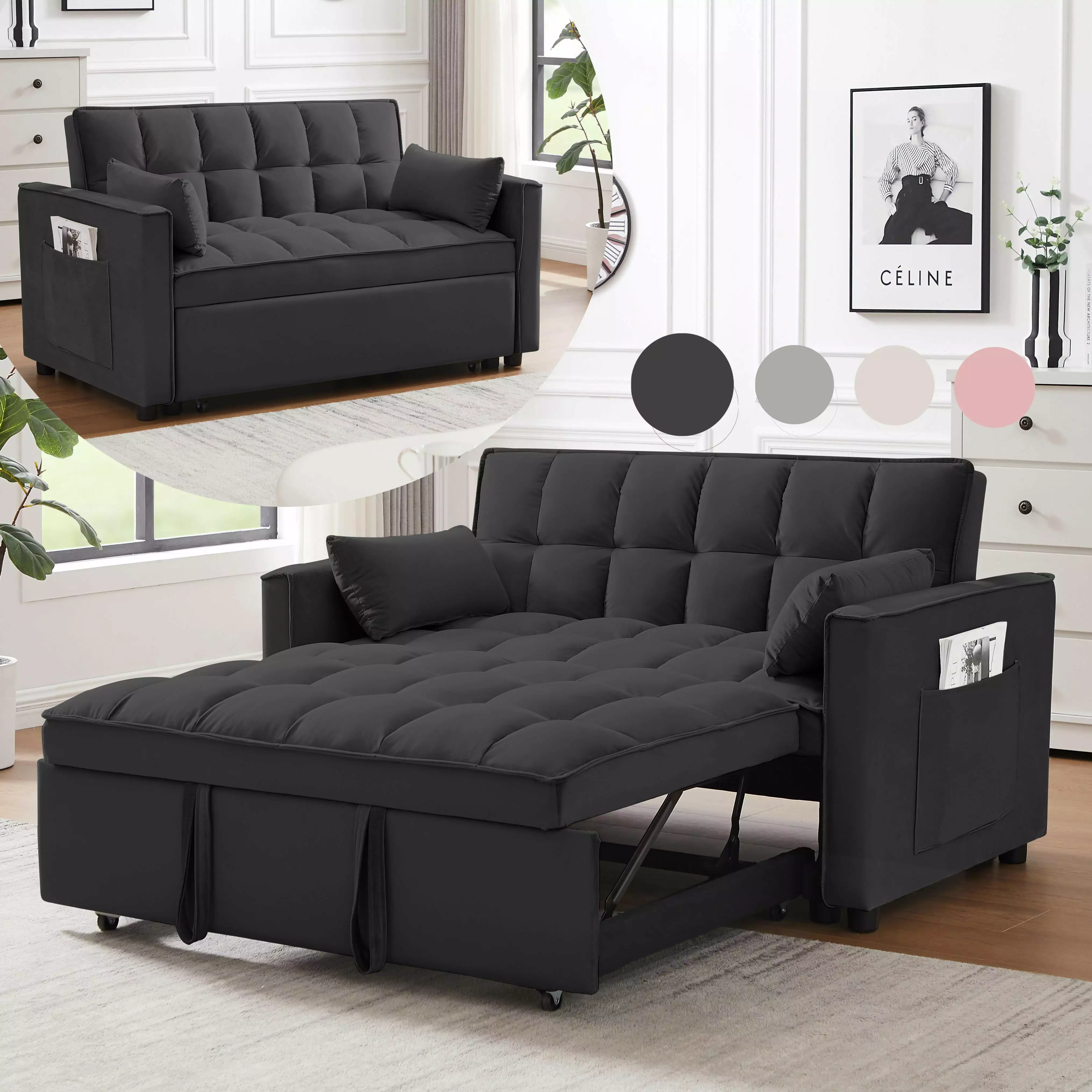 Bellemave Sleeper Sofa Bed 3-in-1 Convertible Couch with Pullout Bed. Futon 2-Seater Loveseat with Toss Pillows and Storage Pockets. 3 Level Adjustable Backrest Sofa for Living Room Black