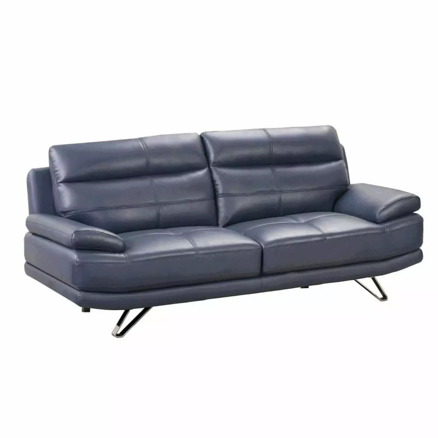 BenJara Reni 82 Inch Modern Sofa. Channel Tufted Navy Blue Soft Leather Upholstery