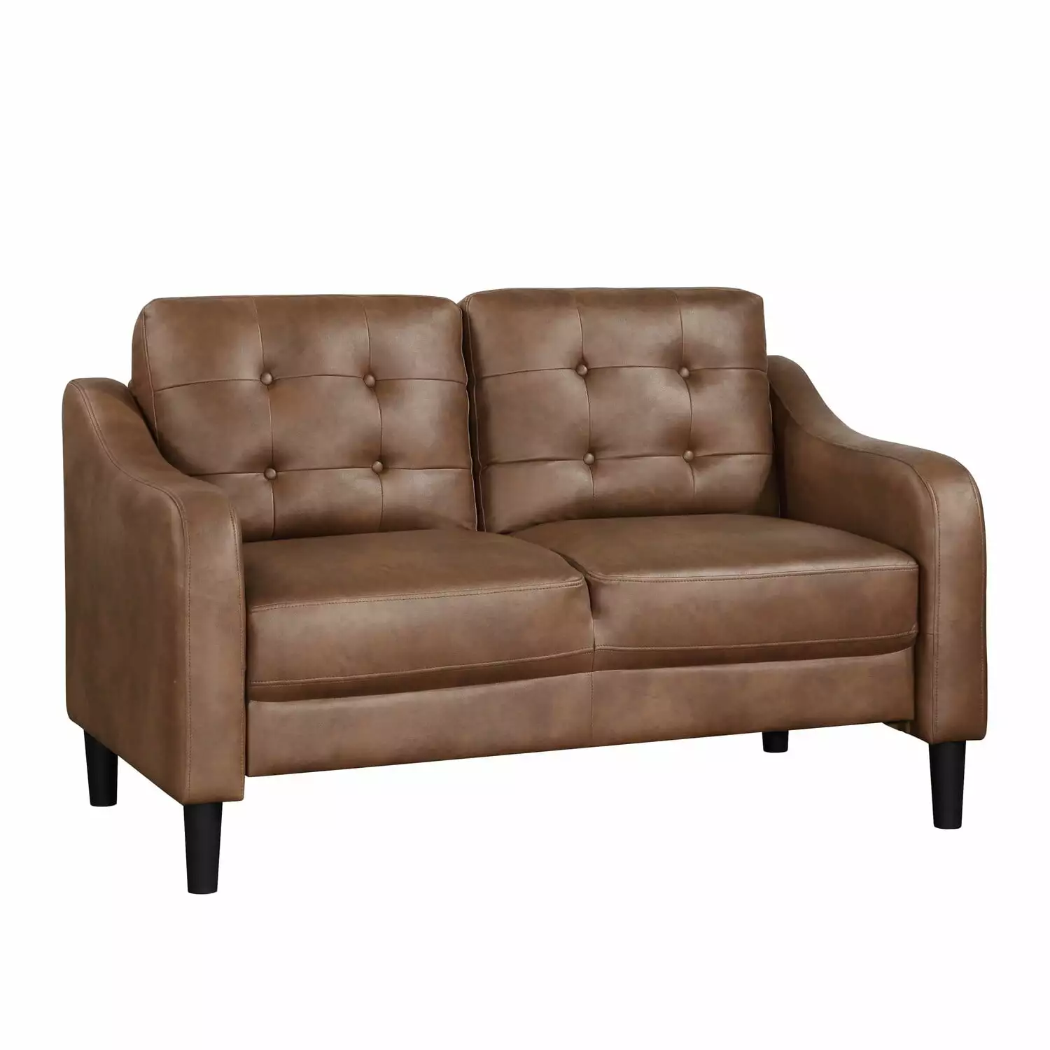 Benjara Orry 55 Inch Loveseat. Tufted Back. Brown Microfiber. Black Solid Wood