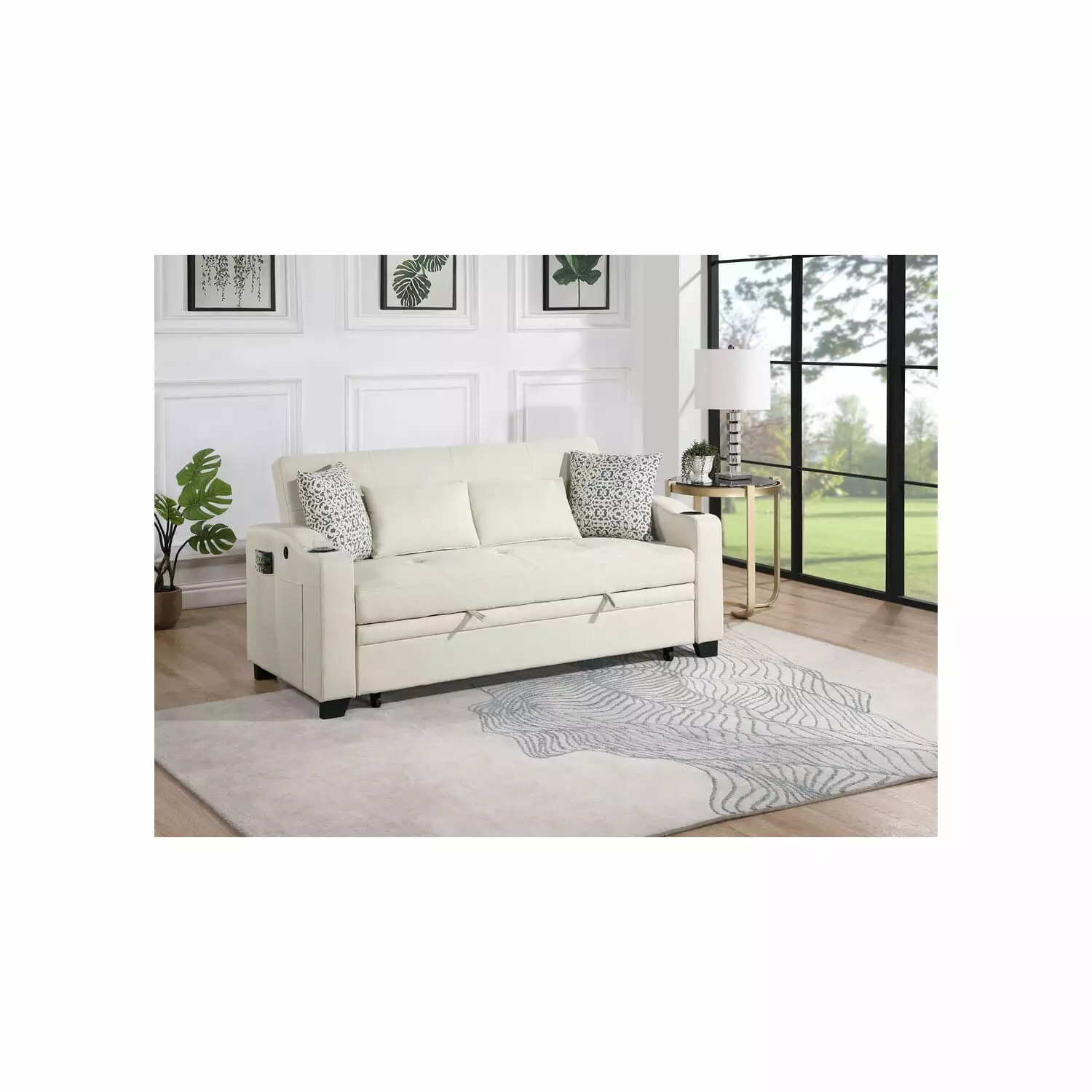 Bennett 71W Beige Fabric Convertible Sleeper Loveseat USB Charger Cupholders