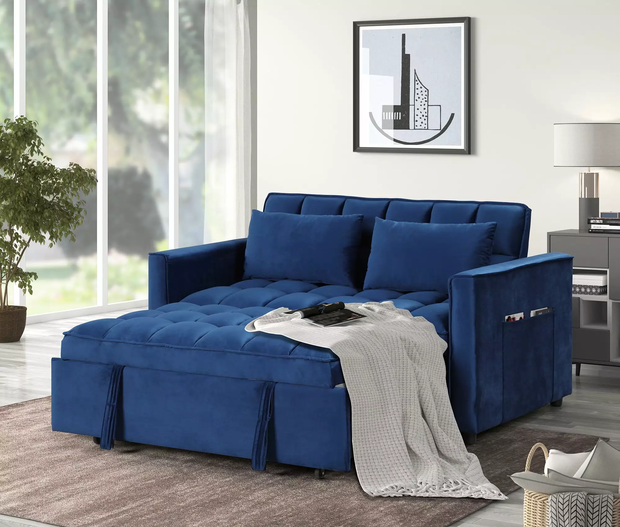 Bestier 3 in 1 Convertible Sleeper Sofa Bed. Modern Velvet Loveseat Futon Couch Pullout Bed. Blue