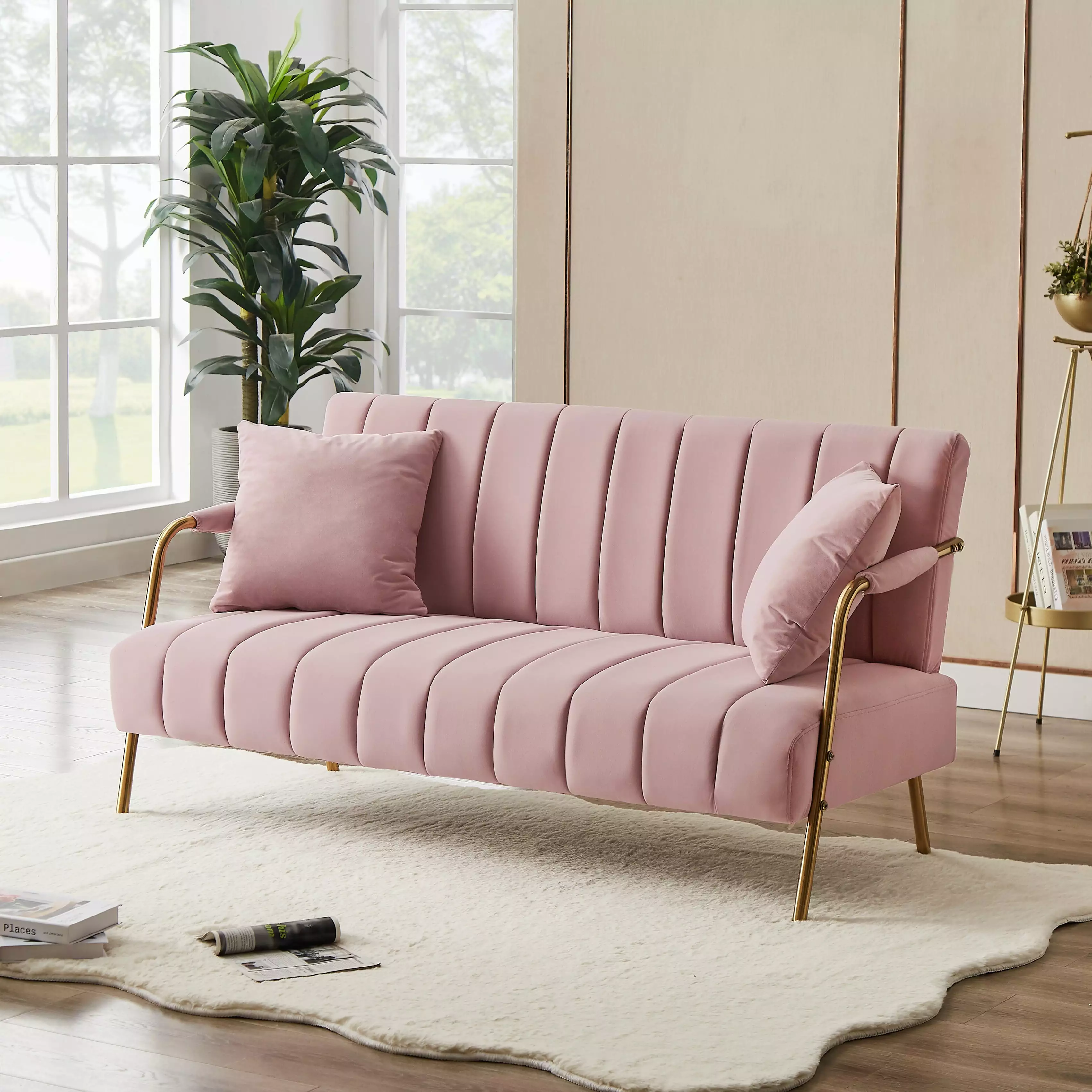 Bianlte Velvet Loveseat Sofa Couch.Modern Comfortable Sofa Loveseat Small Sofa Couch for Living Room Bedroom Apartment Dorm.Gold Metal Leg & 2 Throw Pillows.Pink