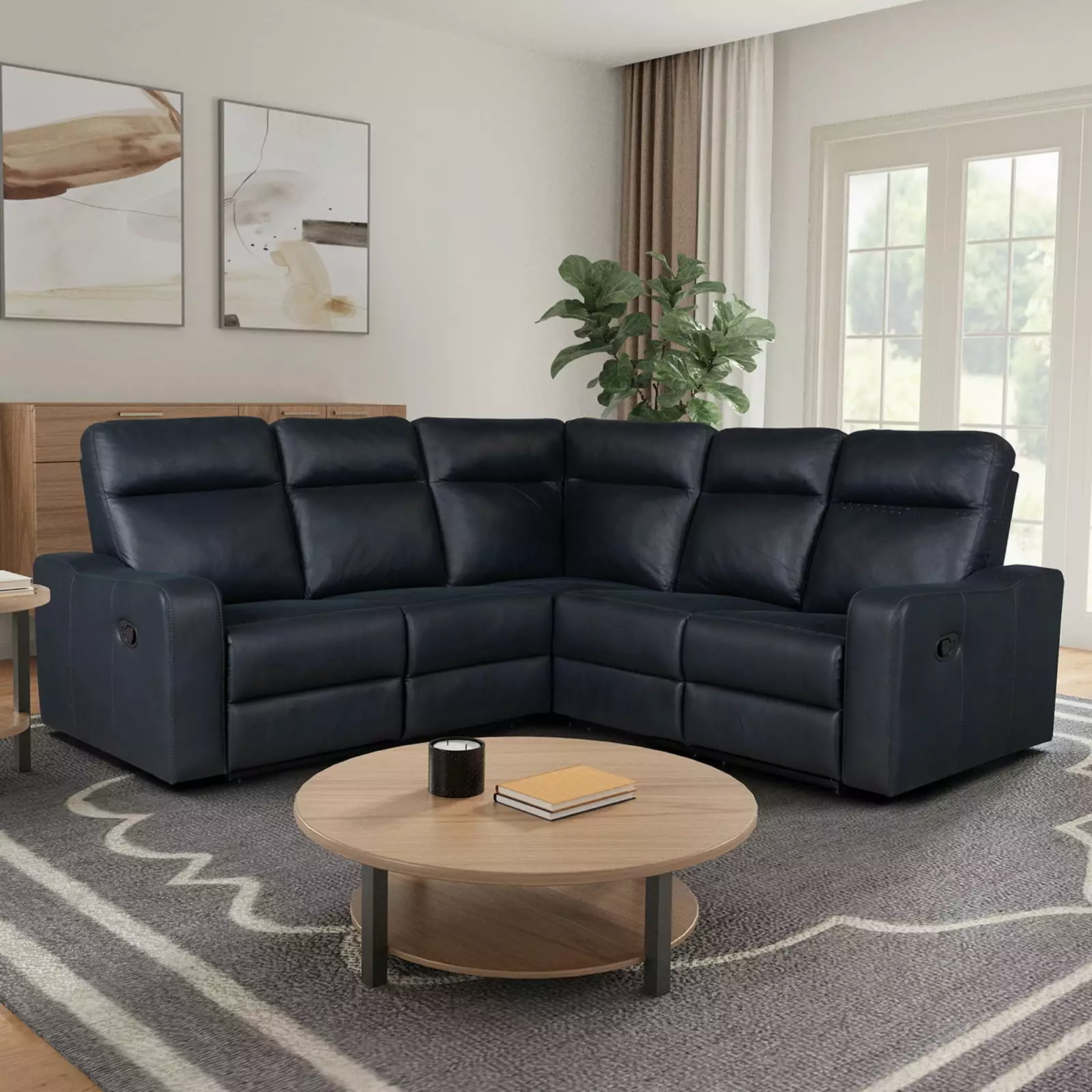 Black Blue Theater Recliner Chair Sofa with Manual Reclining. Providing Comfort and Functionality. Equipped with Cup Holders and a Storage Console. Ideal for Living Rooms and Home Theaters