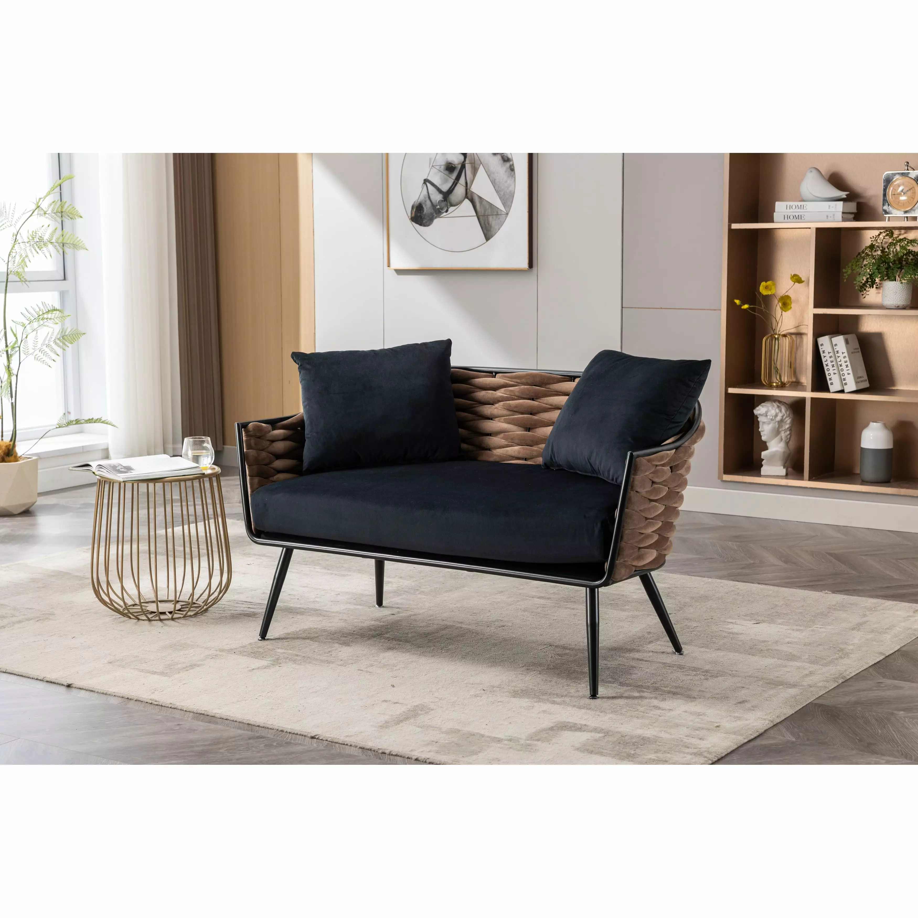 Black Elegant Velvet Tufted Loveseat Sofa with Metal Frame