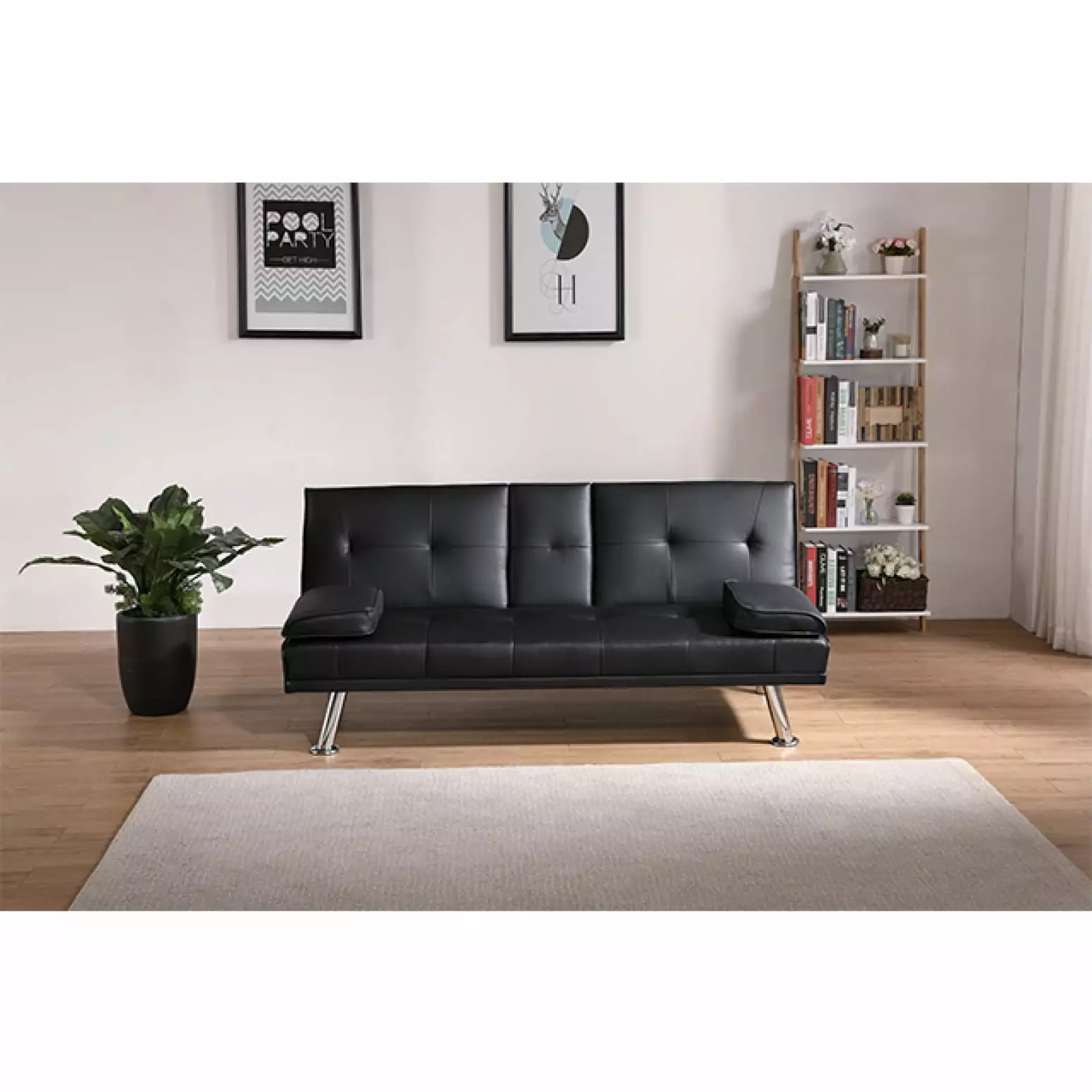 Black Folding Double Sofa with High-Quality Soft Velvet Fabric and Durable Metal Legs. With Adjustable Backrest. Comes with Cup Holder. Living Room Home Theater Sofa