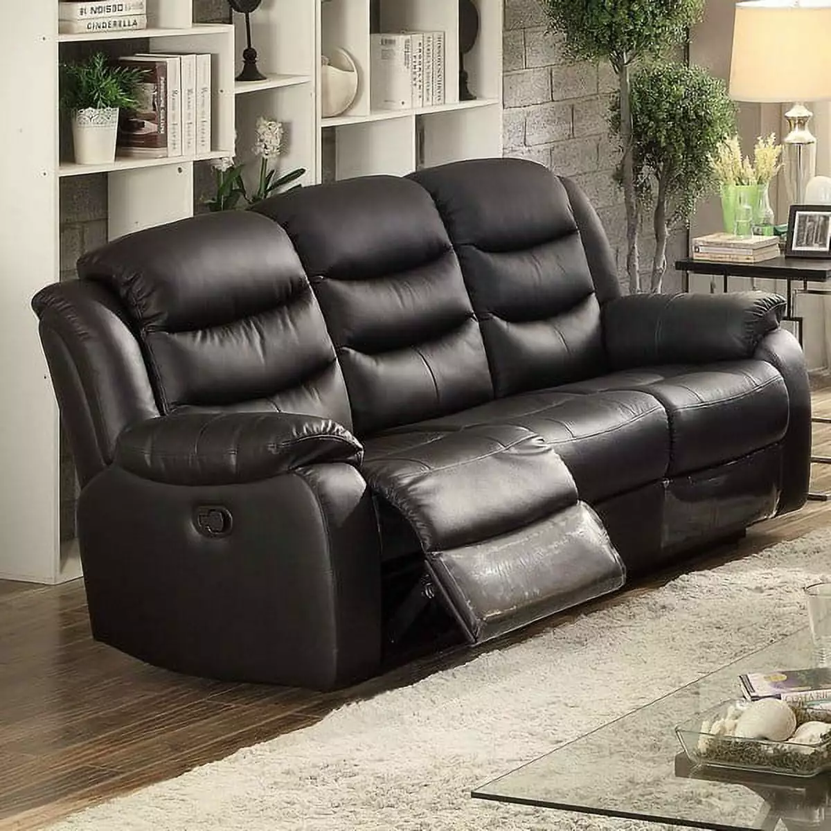 Black Transitional Leather Match Glider Reclining Sofa