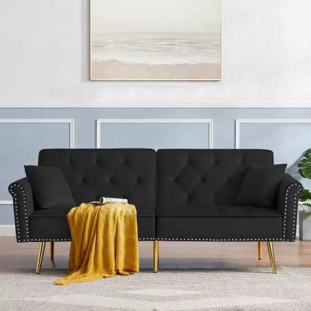 Black Velvet Sofa with Golden Metal Legs.Modern Tufted Loveseat Sofa.Futon Sofa Bed Accent Sofa Recliner with 2 Couch Pillows.Mid Century Modern Sofas for Living Room Bedroom