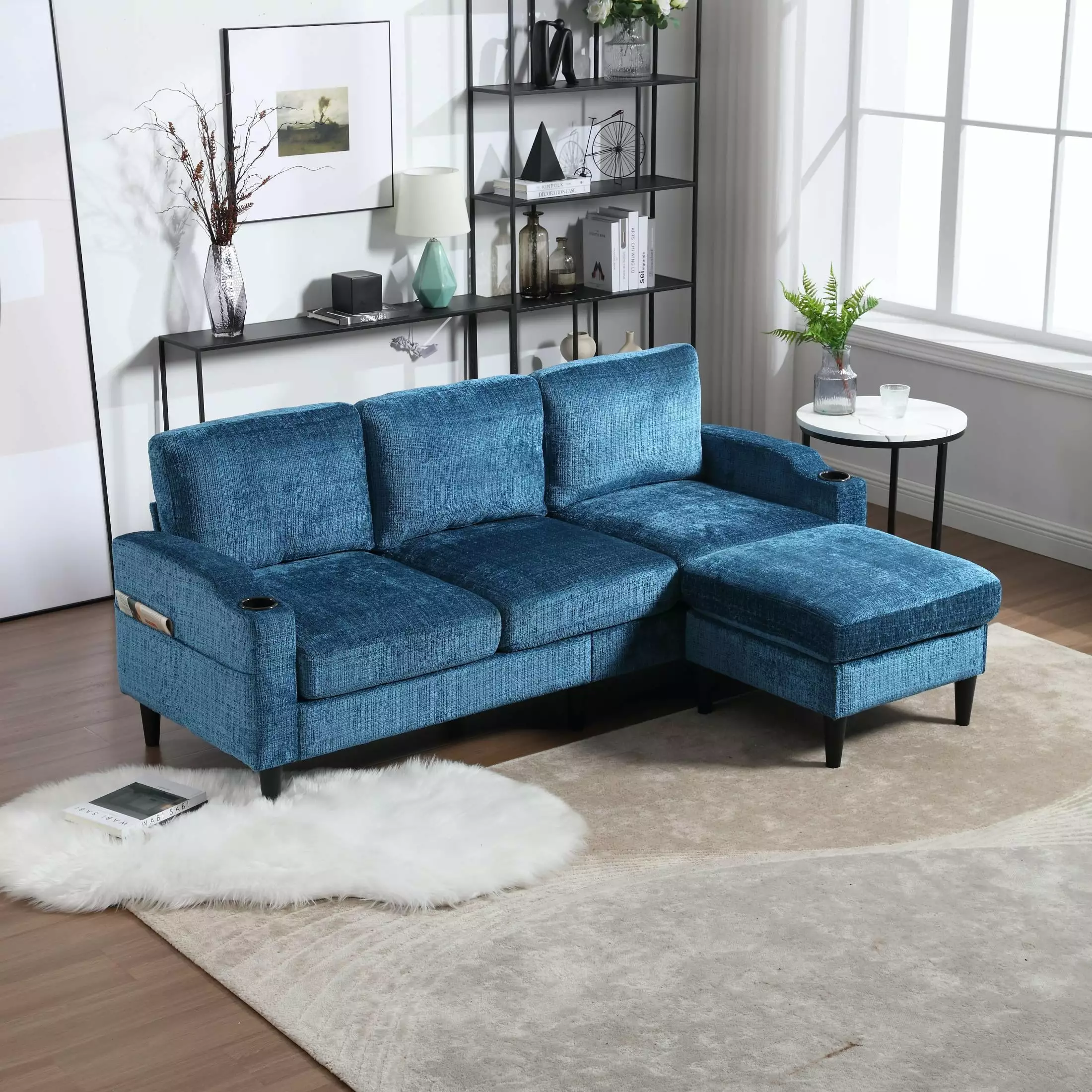 Blue Sectional Storage Sofa. 3-Seater Modular Sectional Couch with Storage Ottoman. Modern Chenille Fabric L Shaped Sectional Couches for Living Room Apartment Bedroom Small Space