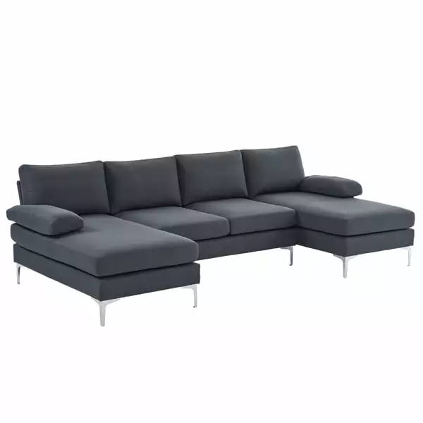 Bornmio 280*130*85 U-Shaped 4-Seat Linen Seat Frame Wooden Frame Back Iron Frame Silver Feet Indoor Modular Sofa Dark Gray