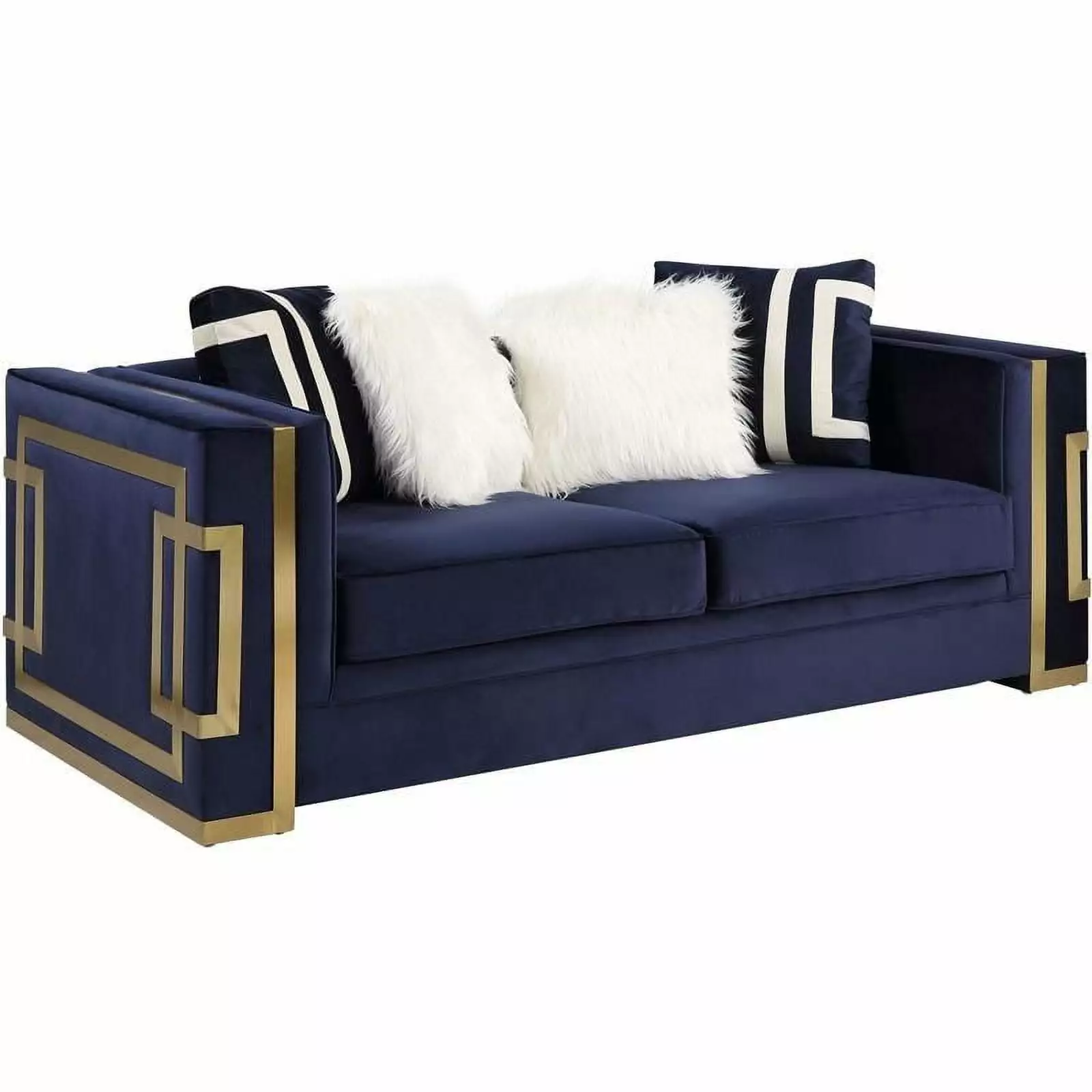 Bowery Hill Contemporary Loveseat with 4Pillows in Blue Velvet & Gold Finish