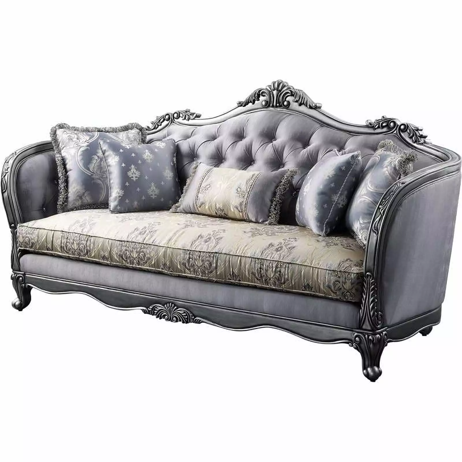 Bowery Hill Traditional Sofa with 5 Pillows in Fabric & Platinum