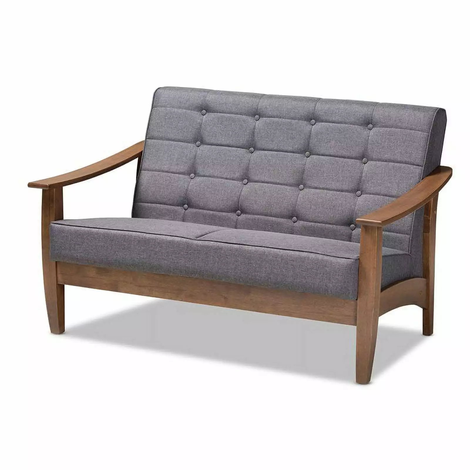 Bowery Hill Tufted Fabric and Wood Loveseat in Gray and Walnut Brown