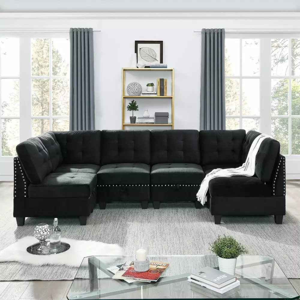 CCBuy Convertible Sectional Sofa Couch with Reversible Chaise. U Shaped Couch Sofa. Modular Sectional Sofa. Black Velvet