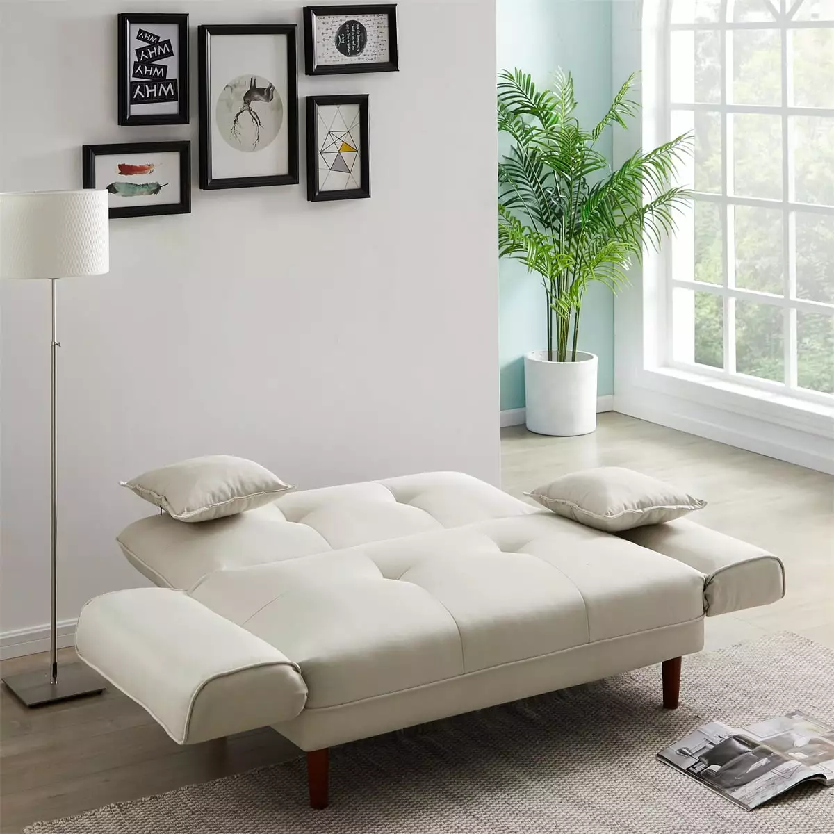 Canddidliike Convertible Upholstery Loveseat Modern Futon Sofa Bed w/Adjustable Angle in Beige