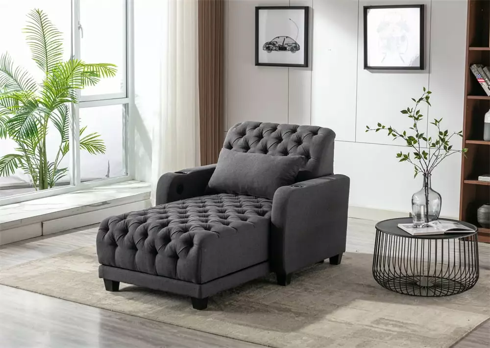 Chaise Lounge Chair. 57 Modern Upholstered Tufted Chaise Lounge Recliner Indoor Comfy Single Sofa Chair Sleeper Sofa Bed. Leisure Accent Barrel Sofa for Bedroom Living Room. Dark Grey