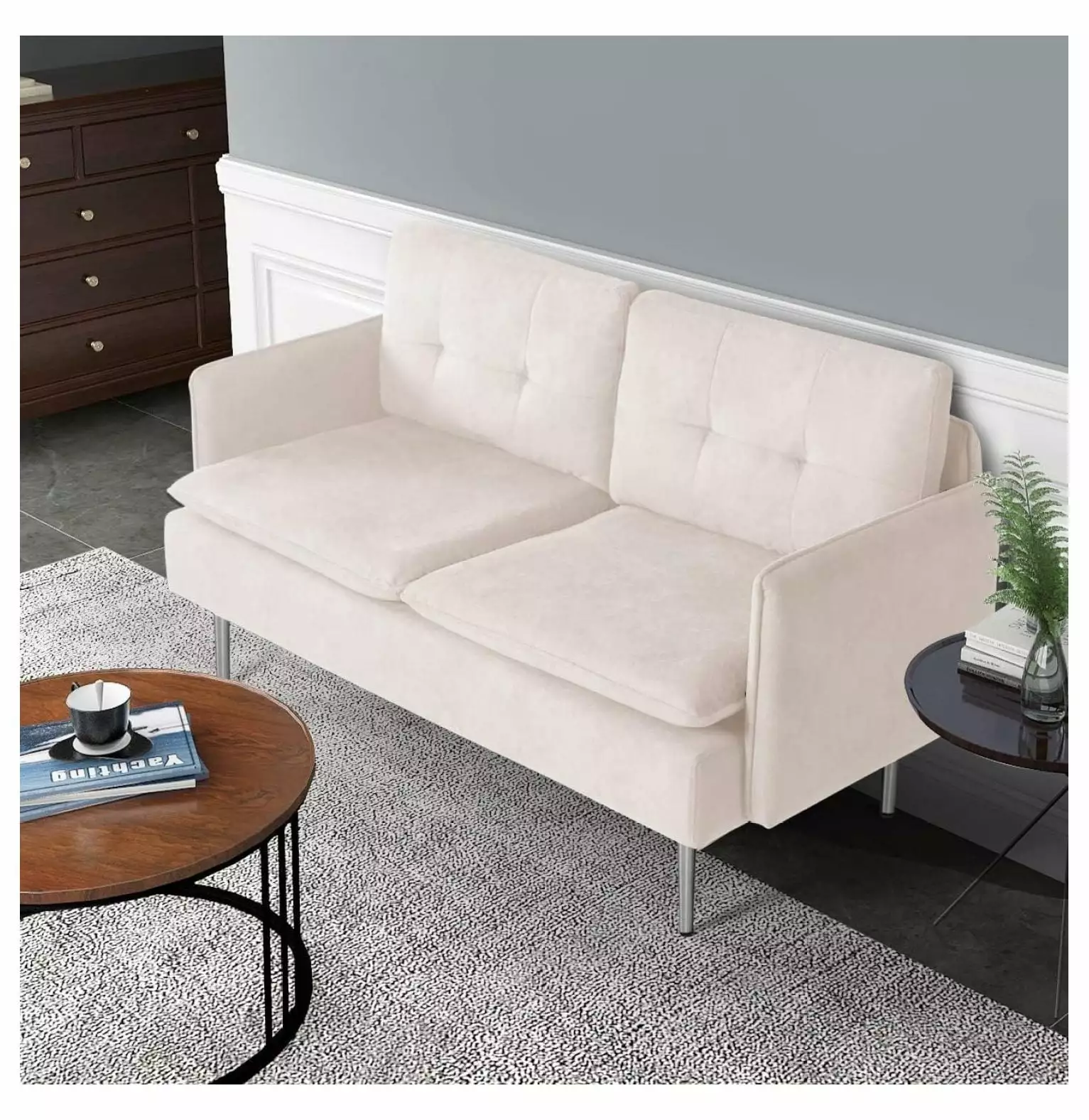 Chen xin 55 Loveseat Sofa Mini Couch for Living Room Bedroom Modern Upholstered Love Seats Furniture with Metal Legs/Thick Padding for Small Spaces Tool- Assembly (1. Beige)