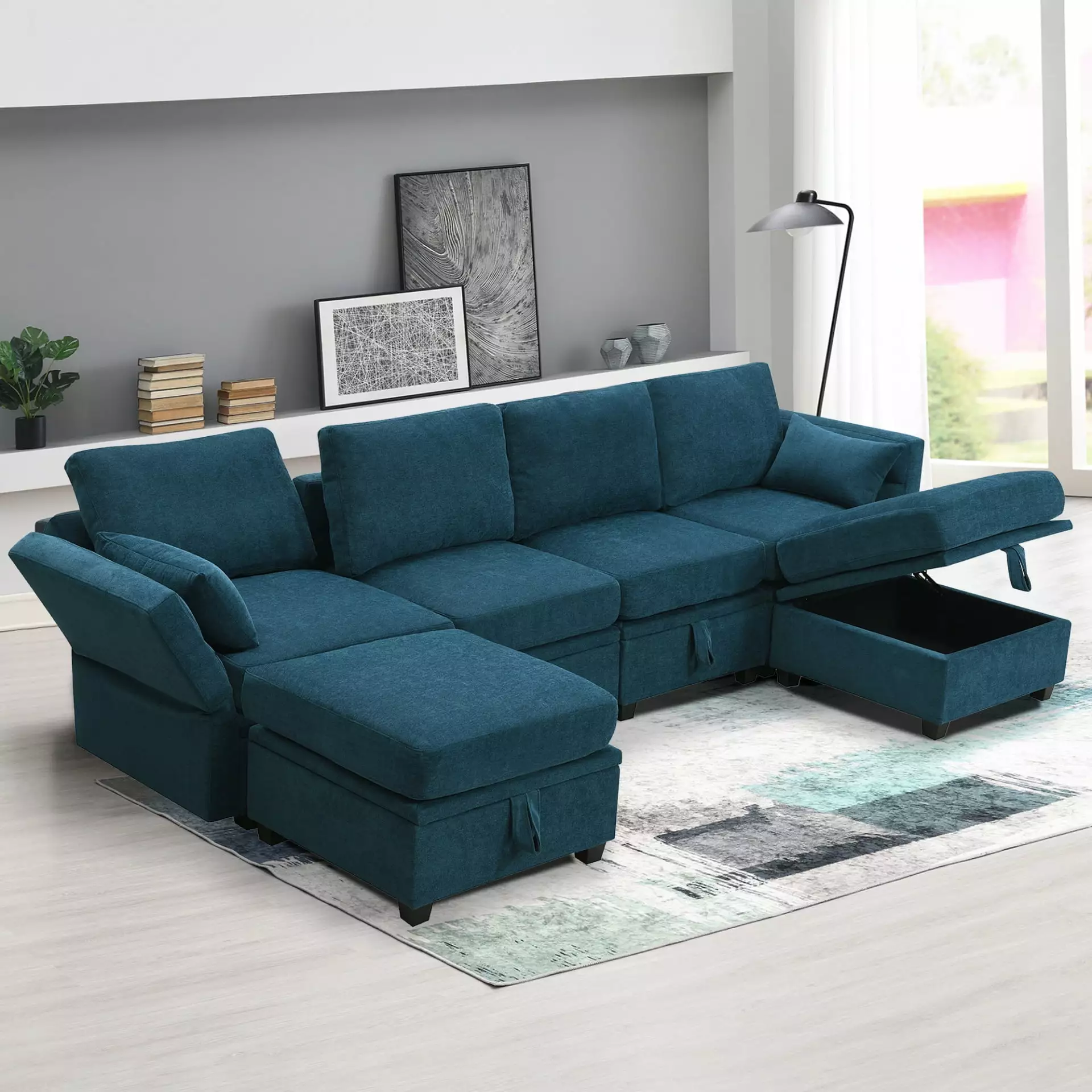 Chenille Modular Sectional Sofa with Storage Seat. Oversized U Shaped Couch with Adjustable Armrests and Backrests. 6 Seat Reversible Sofa Bed for Living Room. Apartment. Office. Blue