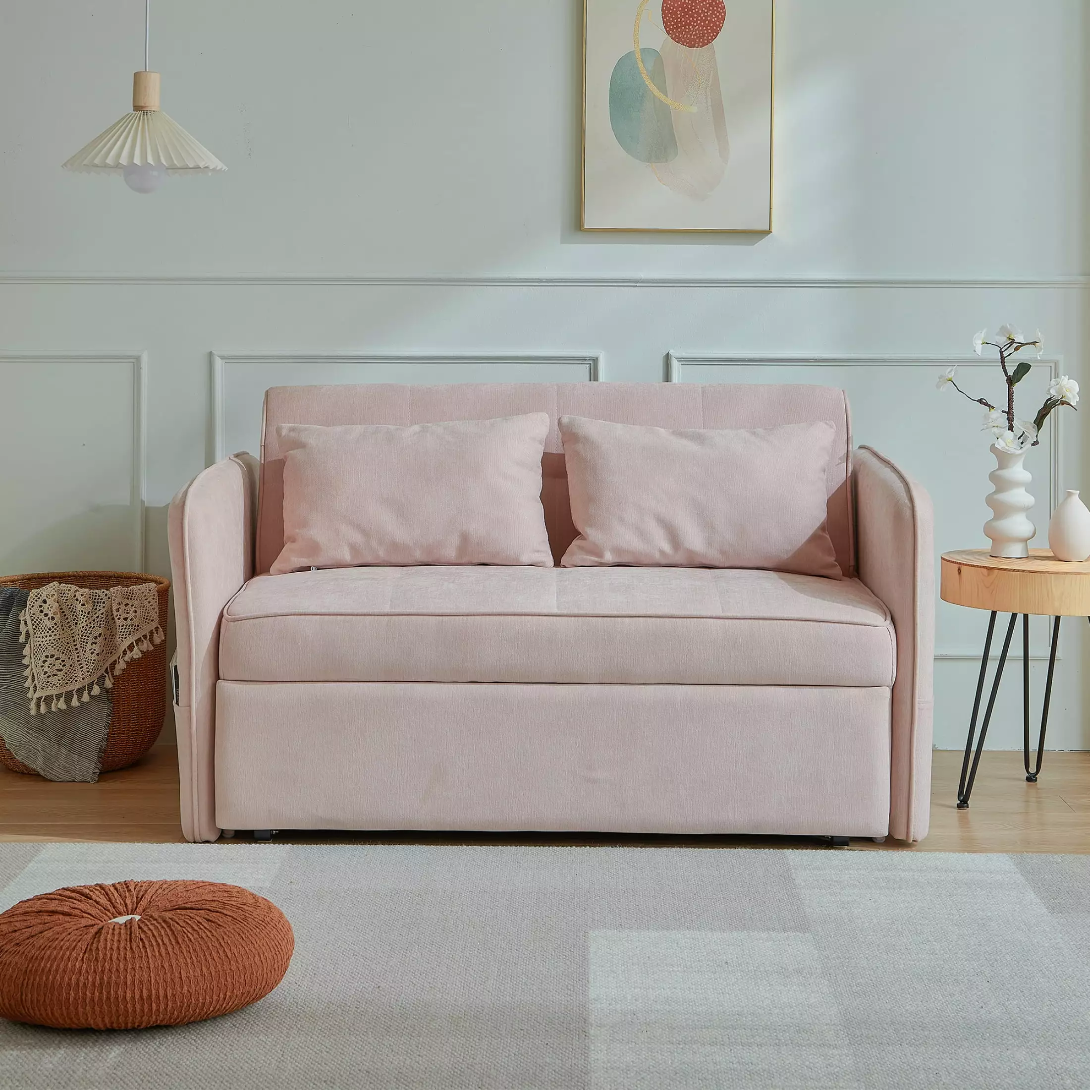 Chenille fabric pull-out sofa bed.sleeper loveseat couch with adjustable armrests-Pink