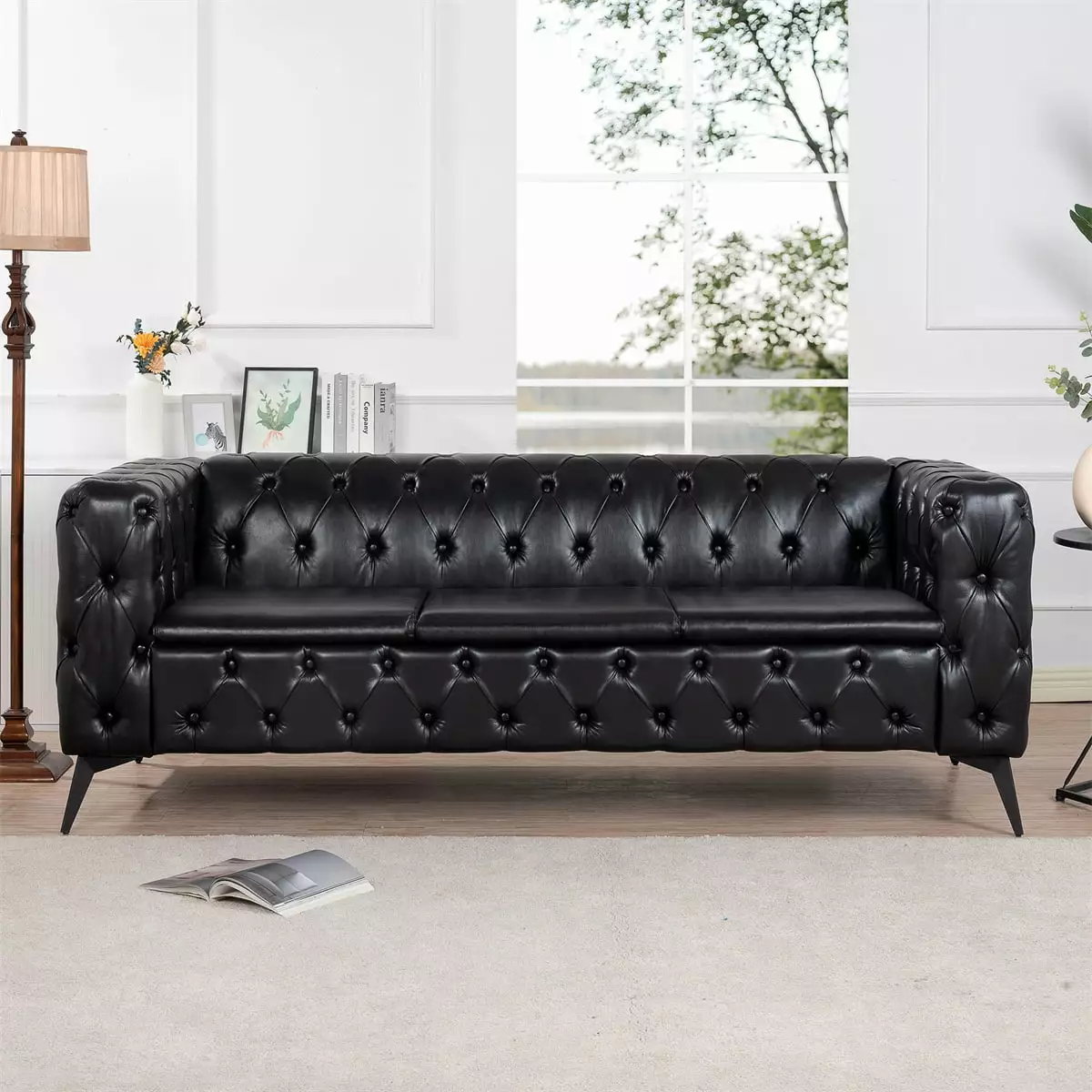 Chesterfield 3 Seater Couch.Retro Classic Faux Leather Sofa.Upholstered 3 Seater Sofa with Removable Cushions.Button Tufted Large Sofa with Metal Legs and Square Arms for Living Room Office.Black