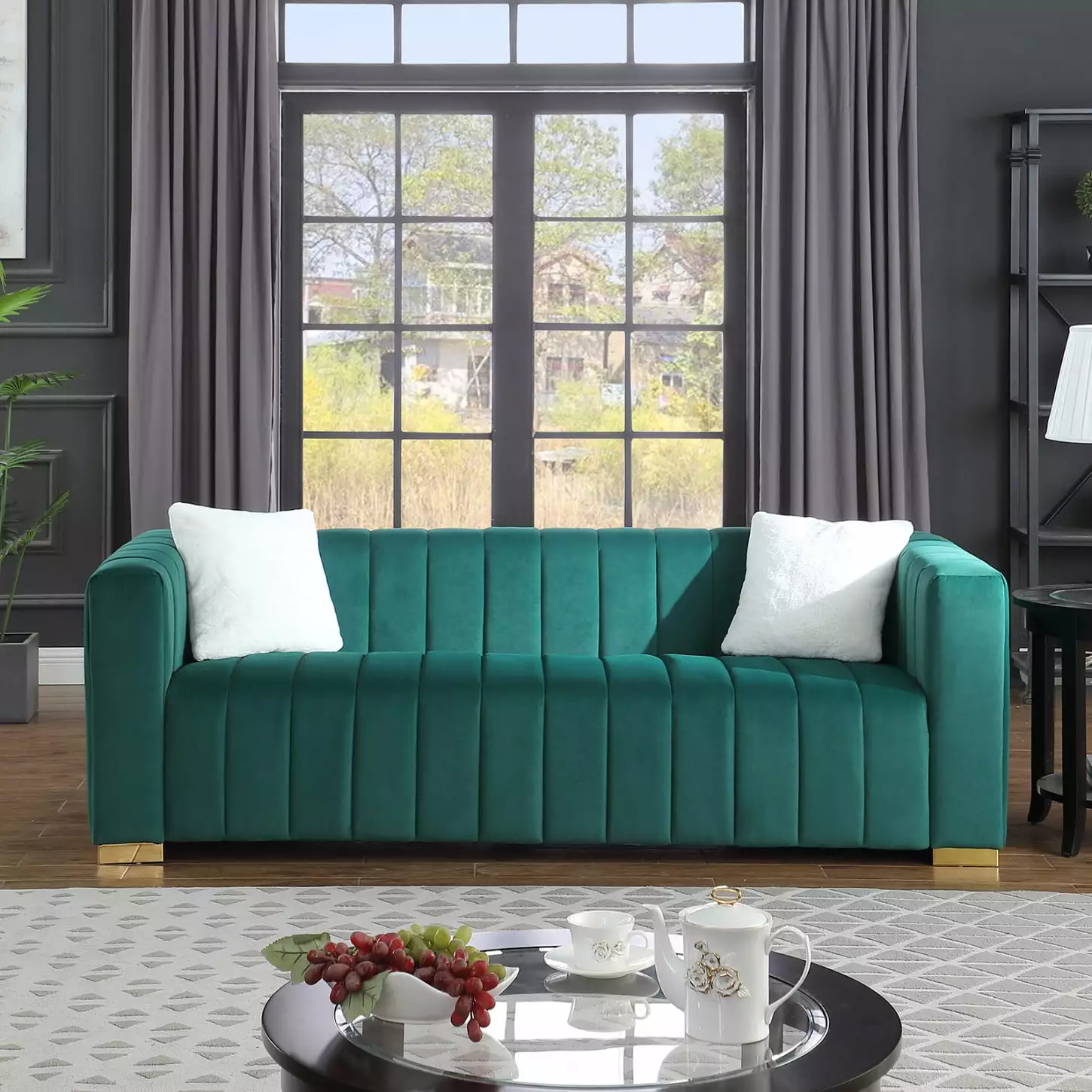 Chesterfield 3 Seater Sofa with 2 Pillows. Modern Velvet Upholstered Leisure Couch with Metal Feet. Comfy Lounge Sofa Couch for Living Room. Bedroom. Office. Apartment. Dark Green